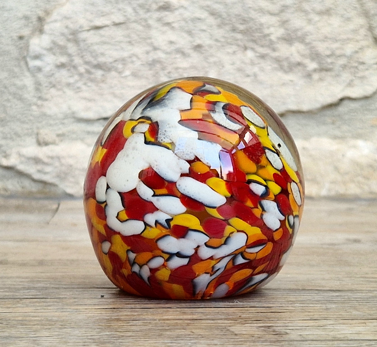 Vintage Orange, Red & White Speckled Mdina Art Glass Ball Paperweight Signed