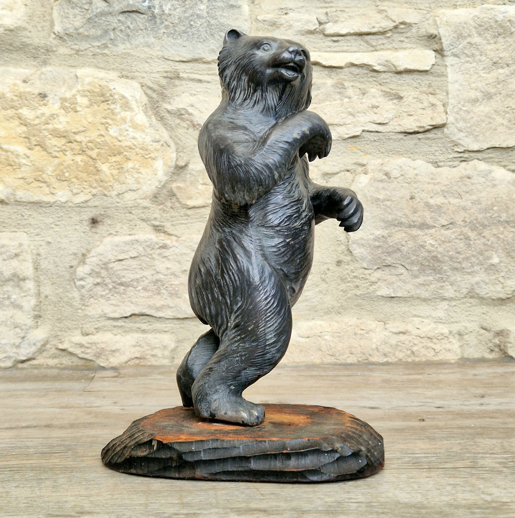 Cast Spelter Standing Bear Sculpture On Rustic Wood Base Rare Antique Art Deco