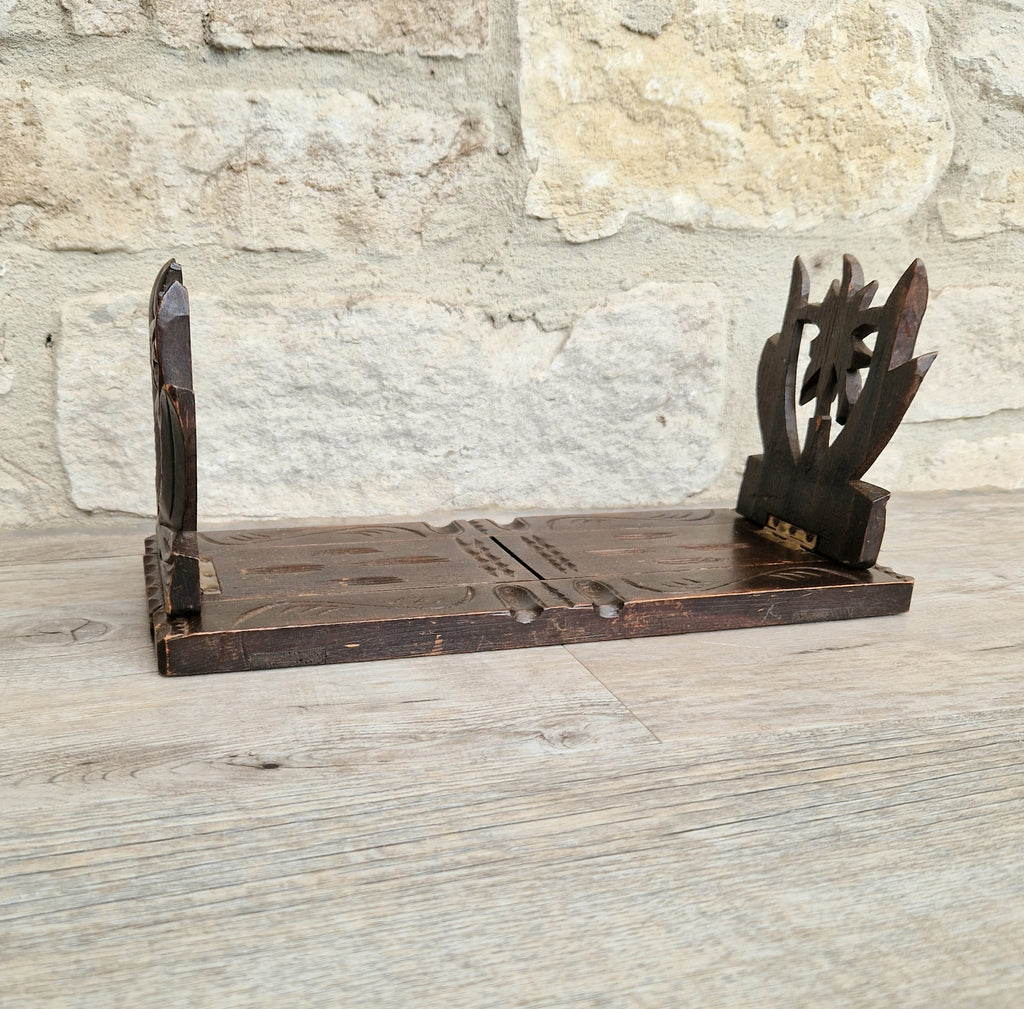 Antique Black Forest Carved Bookslide Continental Fruitwood Extending Book Shelf Rest c.1910