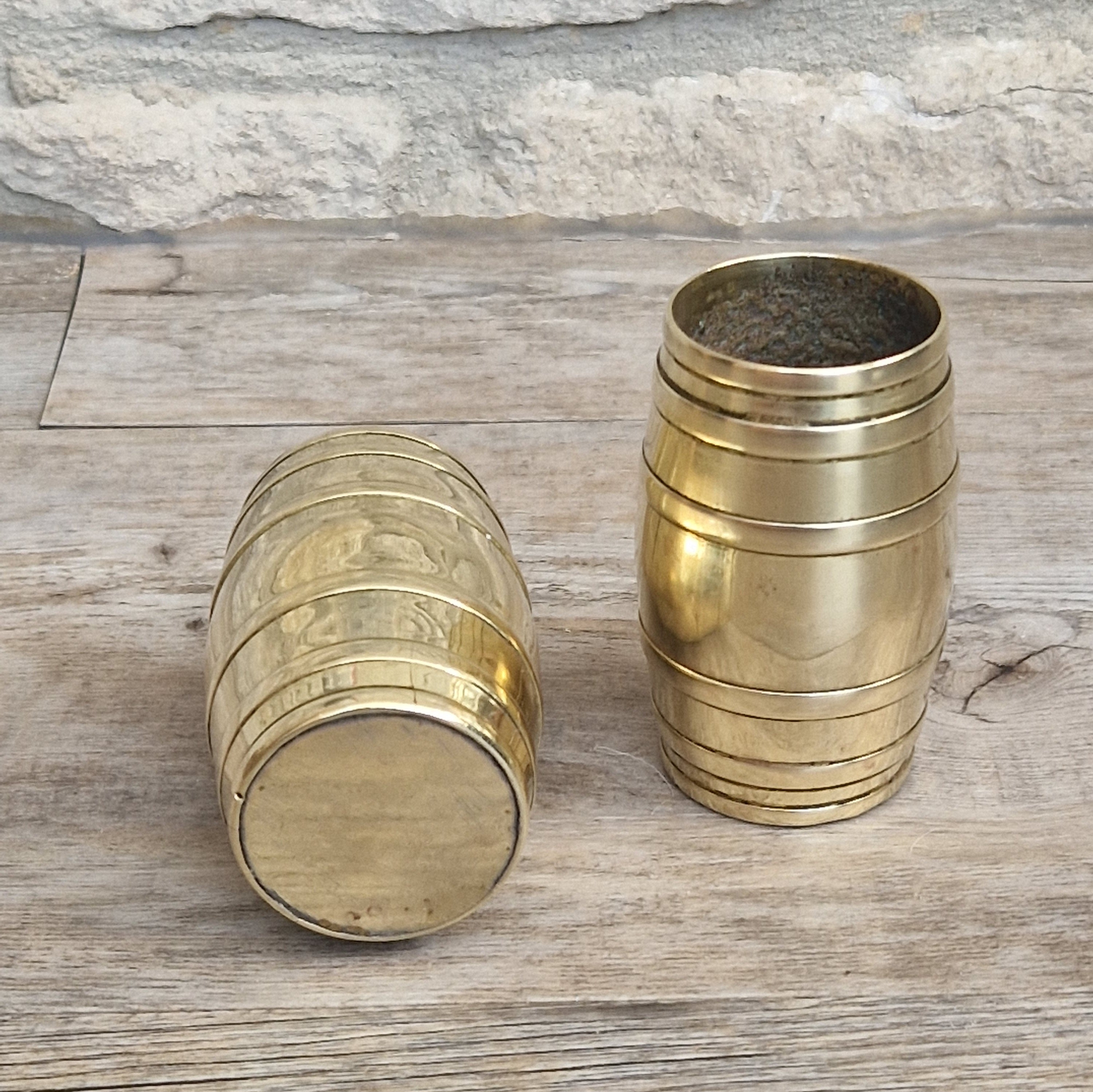 Pair of Vintage Brass Bound Barrel Table Match Holders Desk Pen Holders