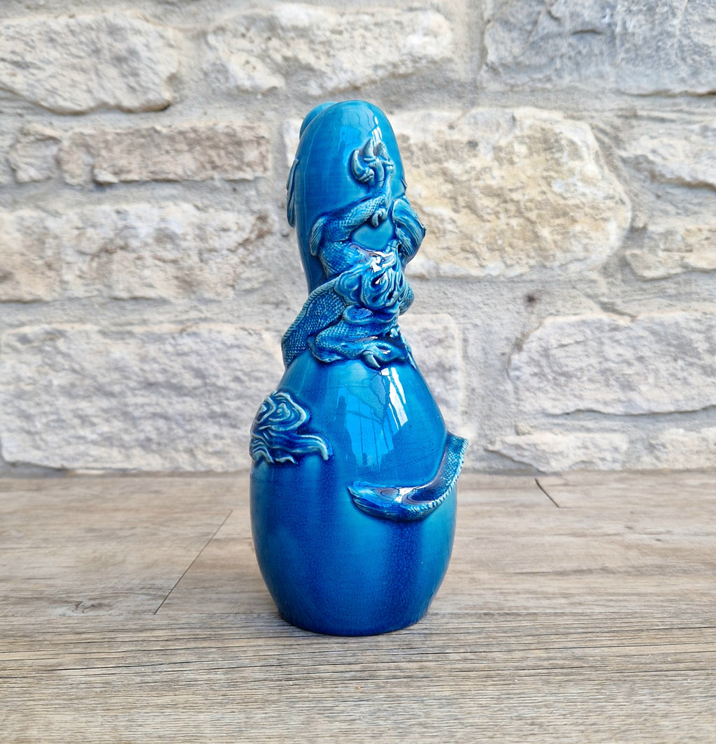 Antique Japanese Awaji Meiji Period Turquoise Pottery Dragon Bottle Vase