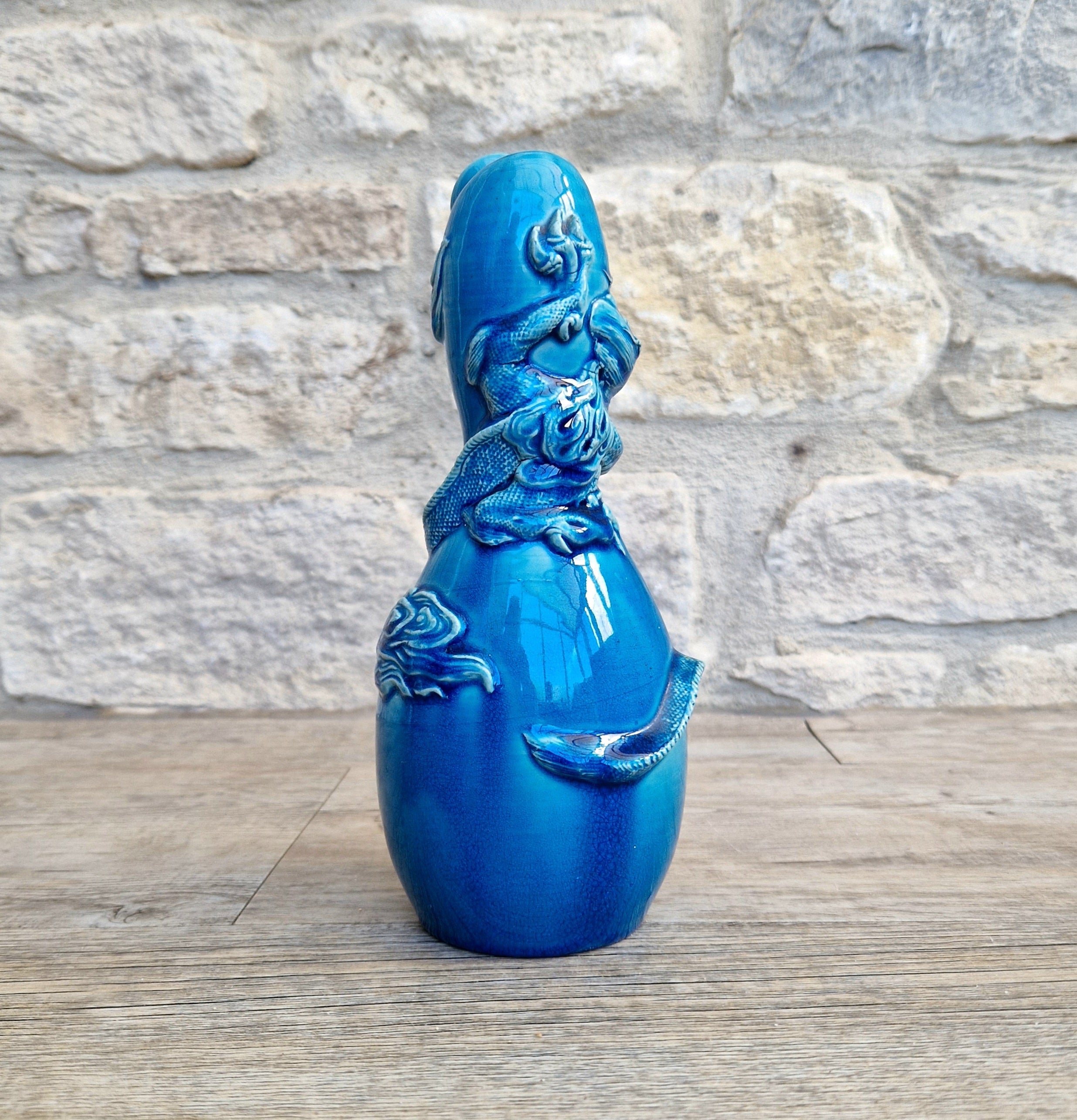 Antique Japanese Awaji Meiji Period Turquoise Pottery Dragon Bottle Vase