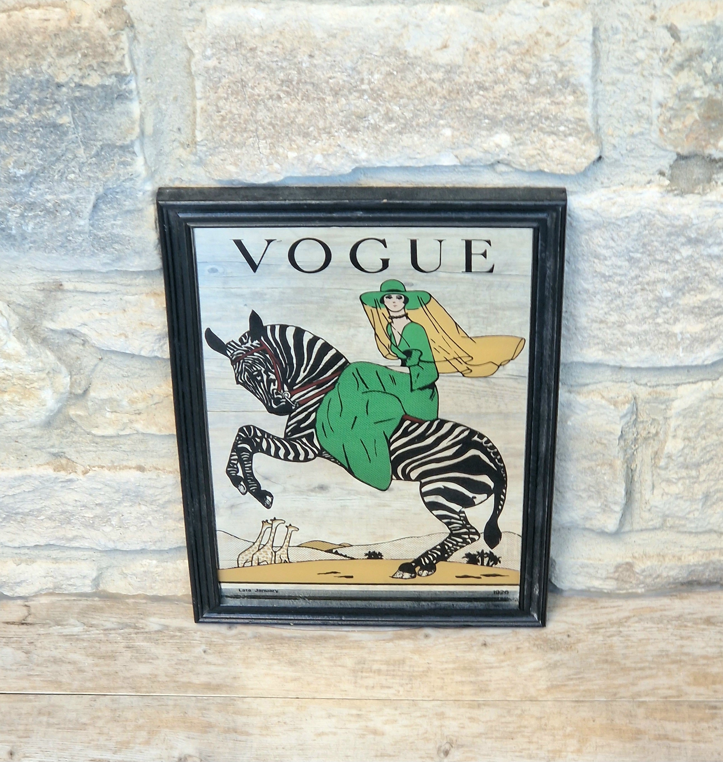 Vintage 1970s Art Deco Vogue Mirror Framed Zebra Fashion Magazine Cover Wall Decor Sign