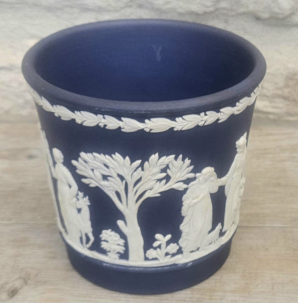 Vintage Wedgwood Cobalt Blue White Relief Neoclassical Small Cache Pot Made in England 7.5cm Tall