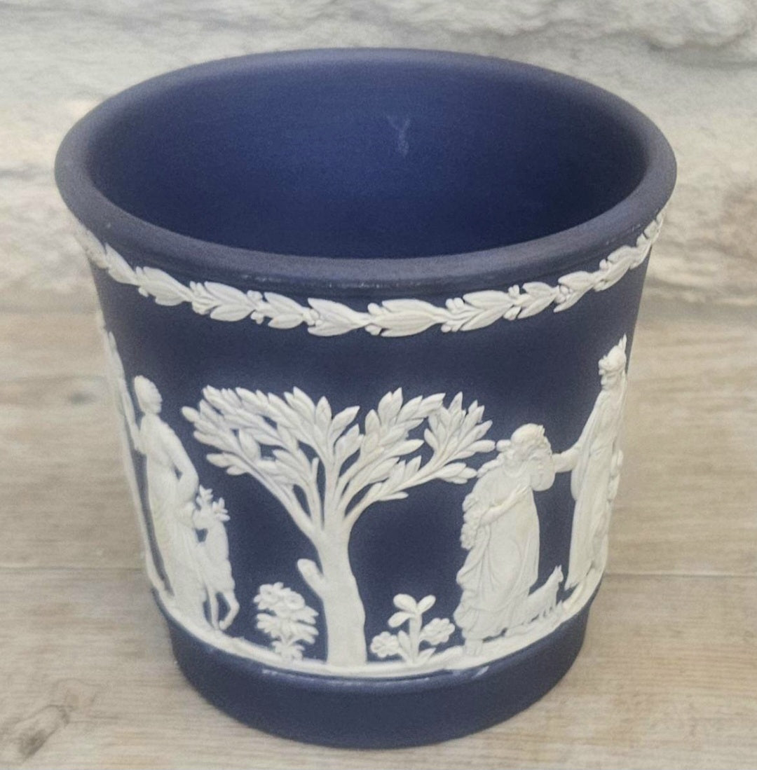 Vintage Wedgwood Cobalt Blue White Relief Neoclassical Small Cache Pot Made in England 7.5cm Tall