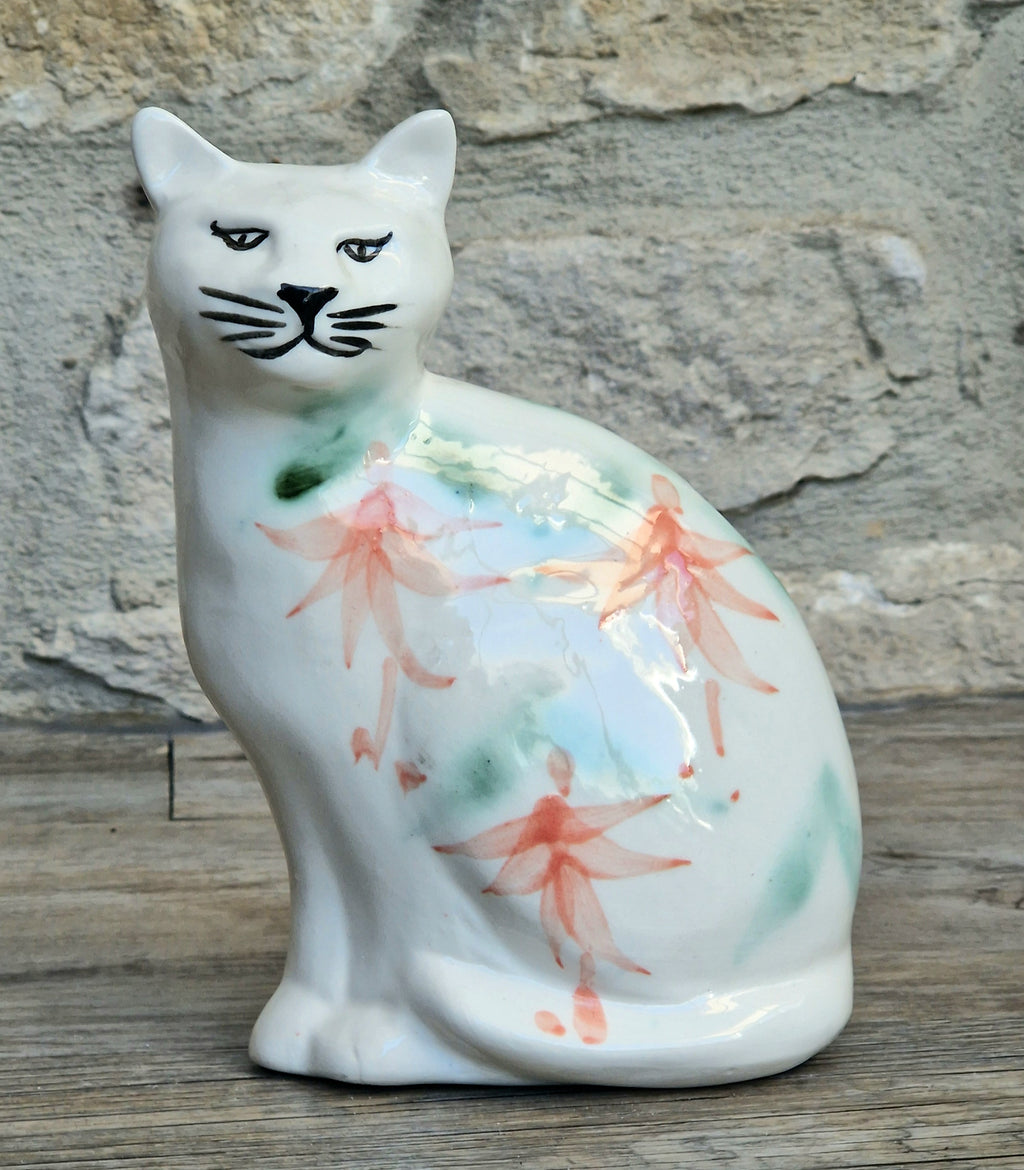 Vintage Moorland Pottery Seated Cat Figurine Hand Painted Fuchsia Floral Staffordshire Art Pottery