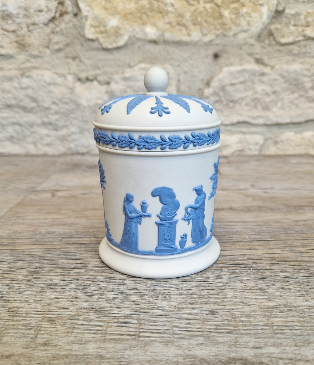Wedgwood Jasperware Neo Classical Lidded Pot Reverse Blue on White Vintage Wedgwood Made in England