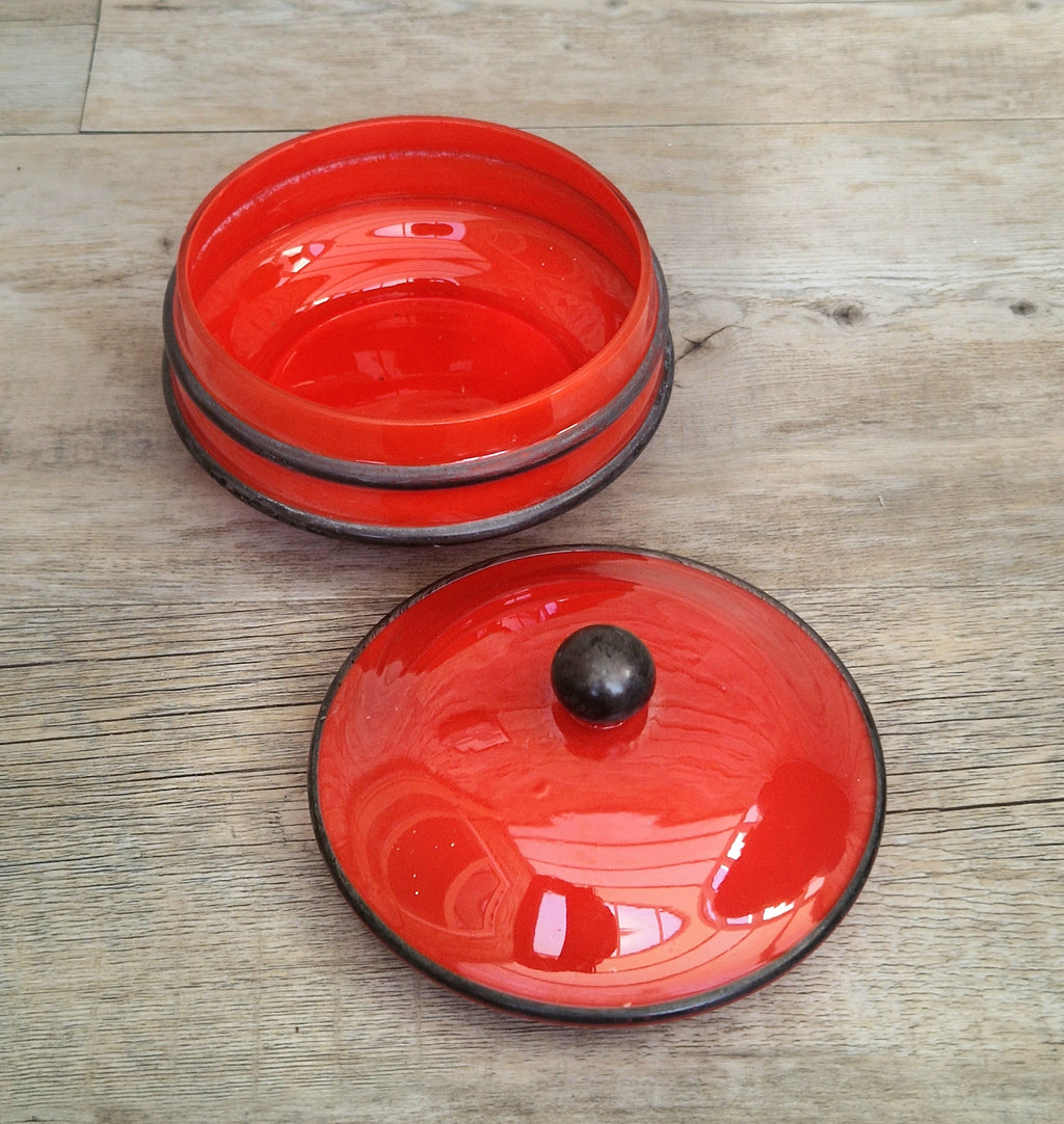 Art Deco Bohemian Red Black Hooped Glass Powder Box Covered Vanity Jar Jar Lid 12cm