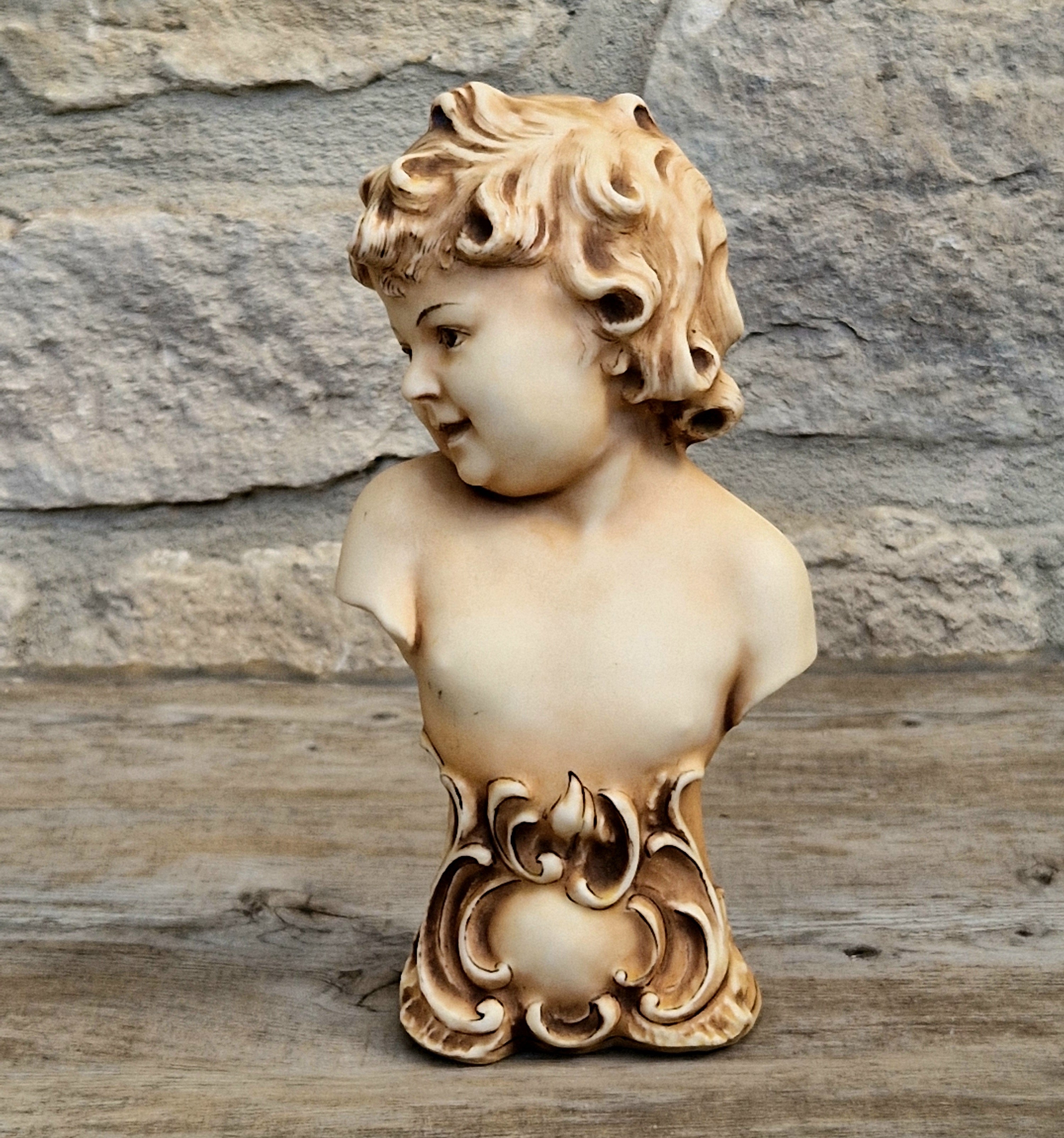 Antique NeoClassical Continental Patinated Bisque Porcelain Putti Child Bust Figure Ornament
