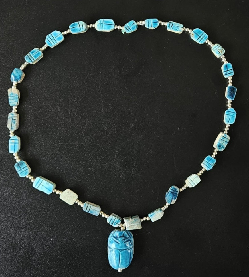 Vintage Turquoise Scarab Necklace Egyptian Revival Beaded with Pendant