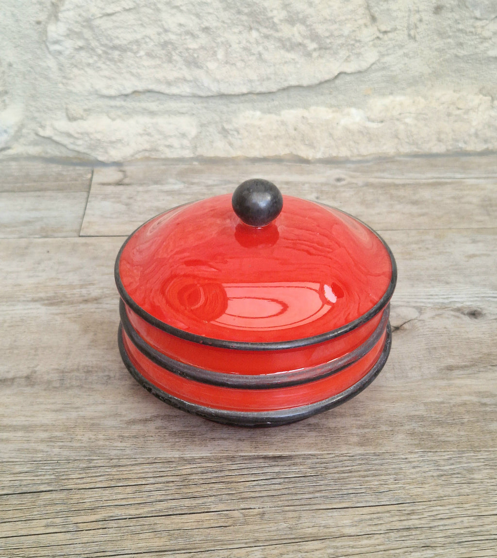 Art Deco Bohemian Red Black Hooped Glass Powder Box Covered Vanity Jar Jar Lid 12cm