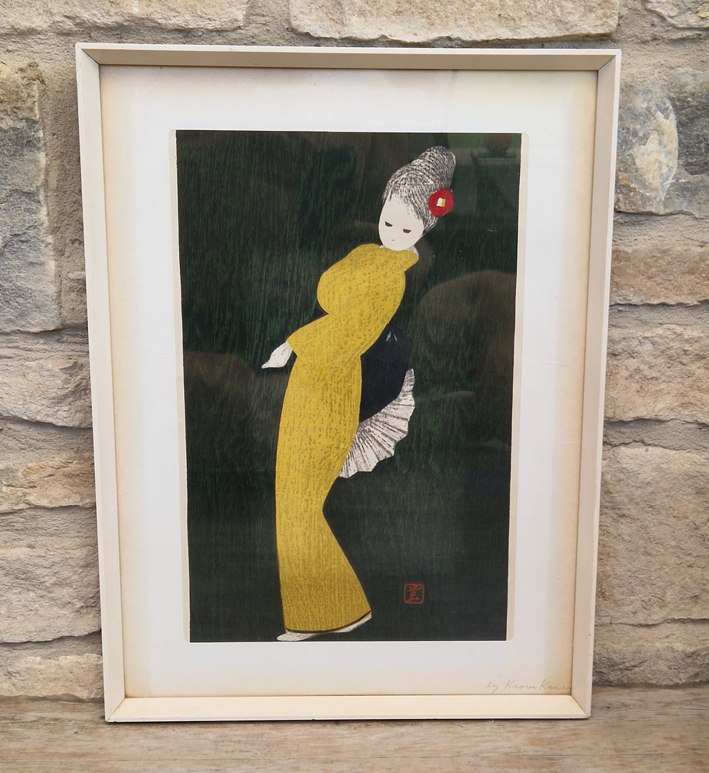 Vintage Kaoru Kawano Large Japanese Woodblock Print Camellia Yellow Kimono Mid-Century Framed