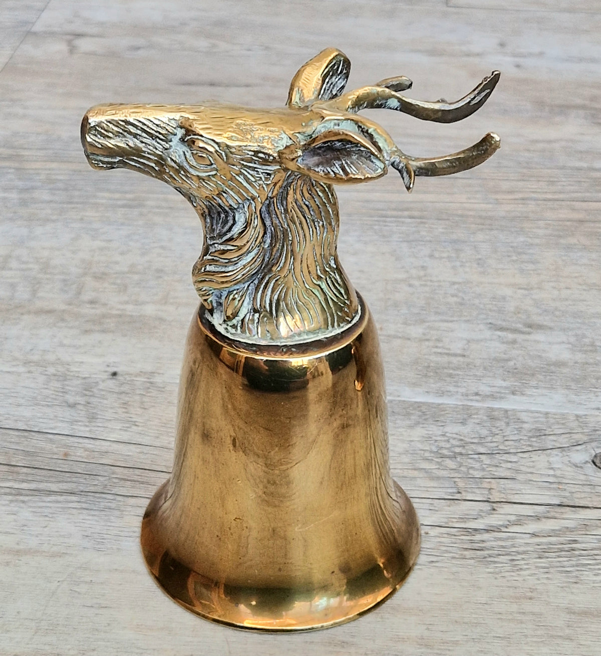 Pair Vintage Brass Stag Stirrup Cups Silver Plated Interiors Naturally Patinated Hunting Barware 1970s