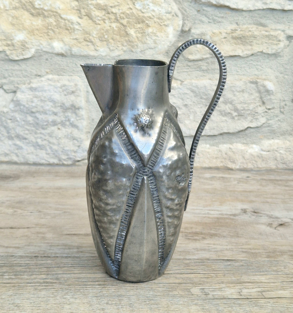 Antique French Art Deco Pewter Pitcher by Alice and Eugene Chanal Hand Hammered Jug Signed