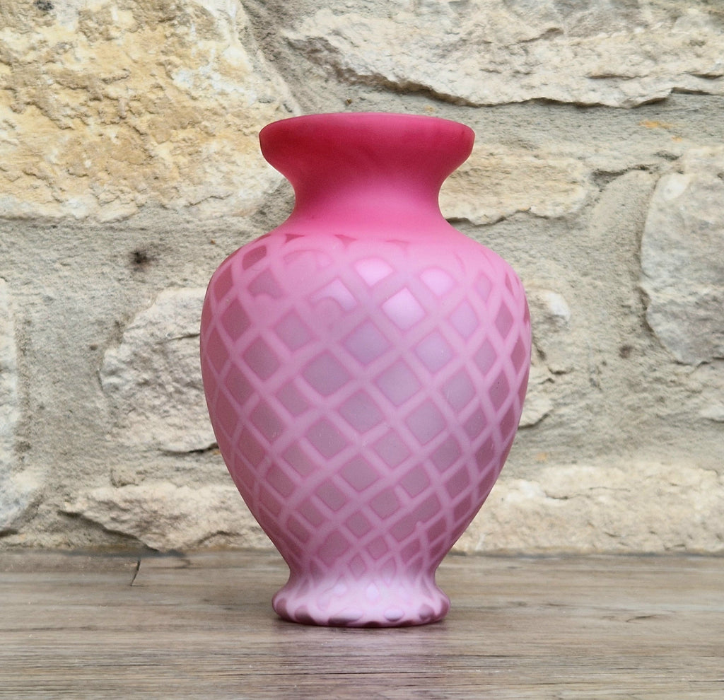 Antique Pink Satin Glass Vase - Victorian Diamond Quilted Mother of Pearl Art Glass - 19th Century Shaded Cranberry Cabinet Vase, Webb Style