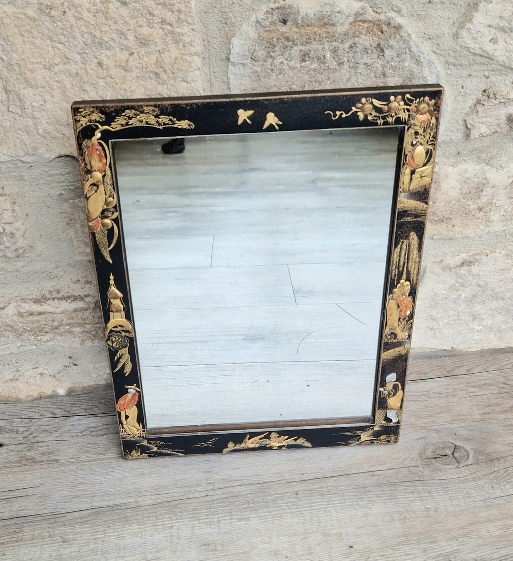 Antique Edwardian Chinoserie Black & Gilt Japanned Rectangular Wall Mirror