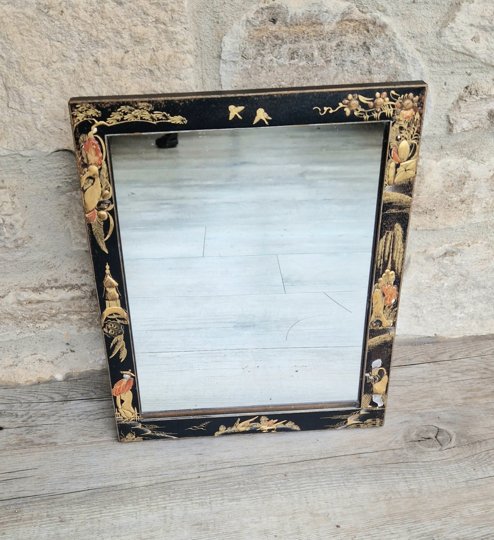 Antique Edwardian Chinoserie Black & Gilt Japanned Rectangular Wall Mirror