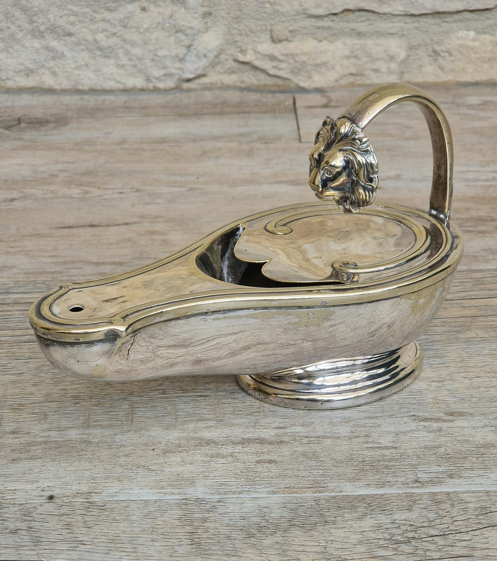 Antique Victorian Silver Plated Spoon Warmer Brass Oil Lamp Style Lion Mask Handle