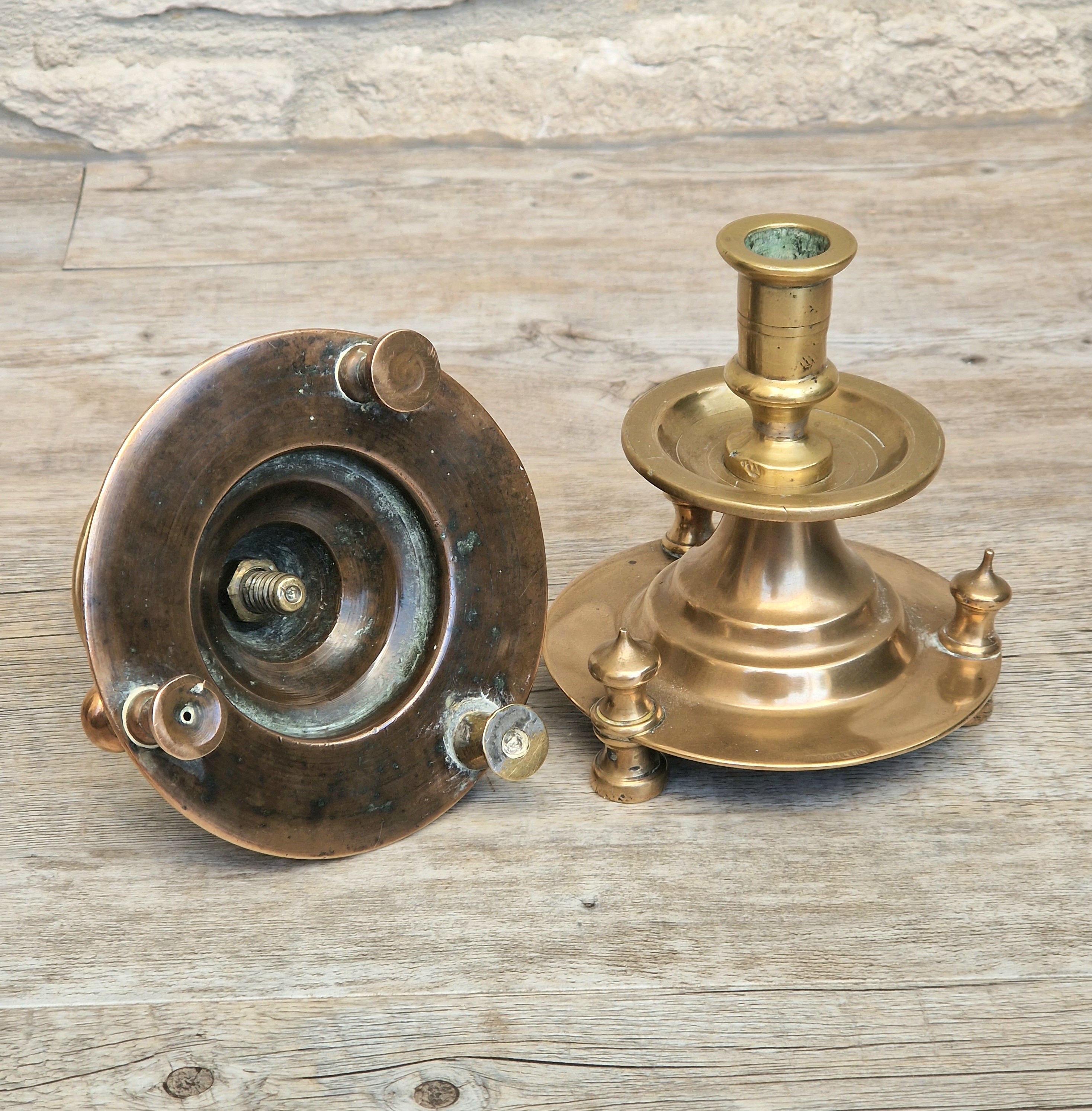 Pair of 19th Century Judin Signed Czarist Era Russian Bronzed Sabbath Bun Footed Capstan Candle Holders.
