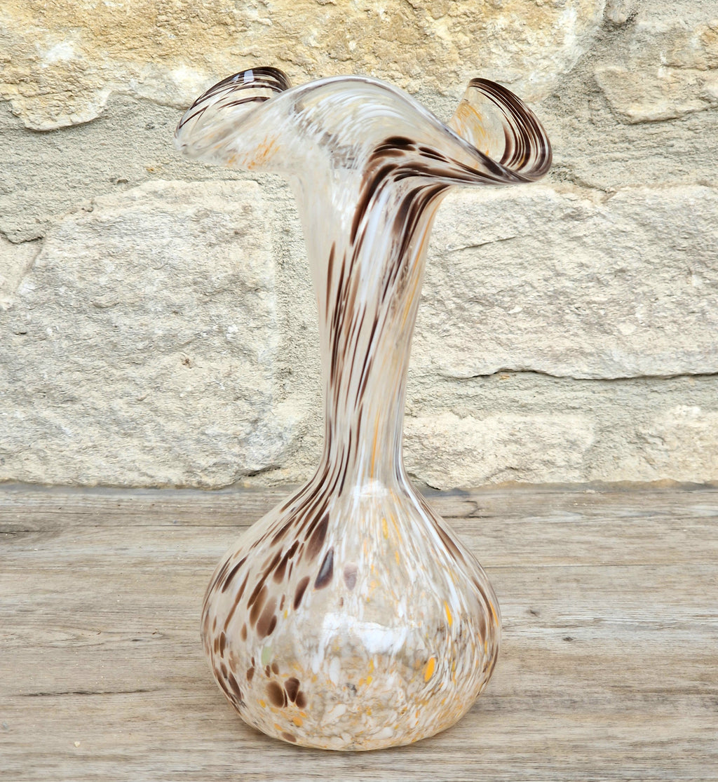 Vintage Art Glass Confetti Vase, Handblown Clear Glass with White, Amber, Brown Flecks, Flared Rim