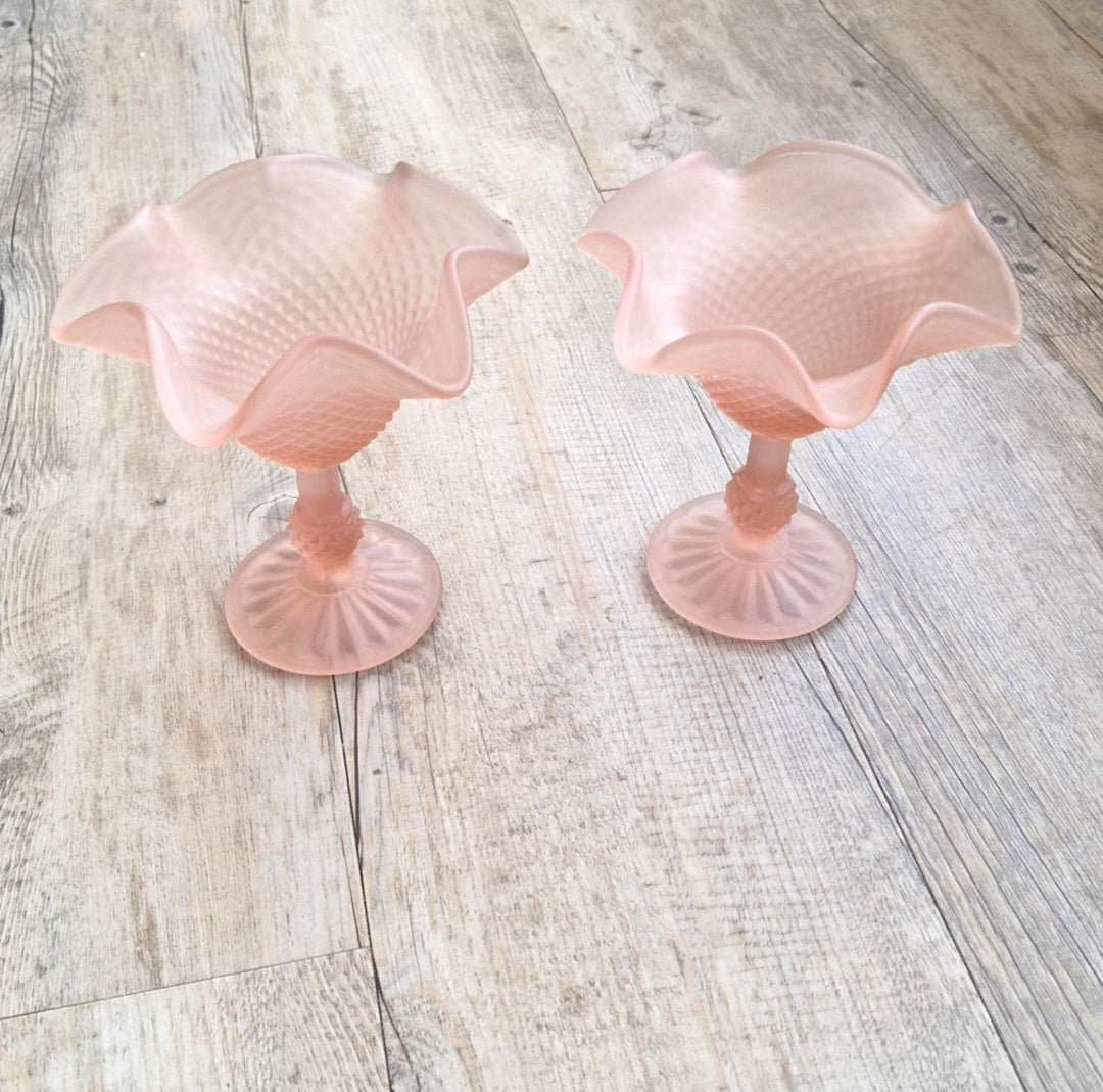 Vintage Pink Satin Glass Hobnail Pedestal Sundae Dessert Glasses Set of 2 Retro Dishes