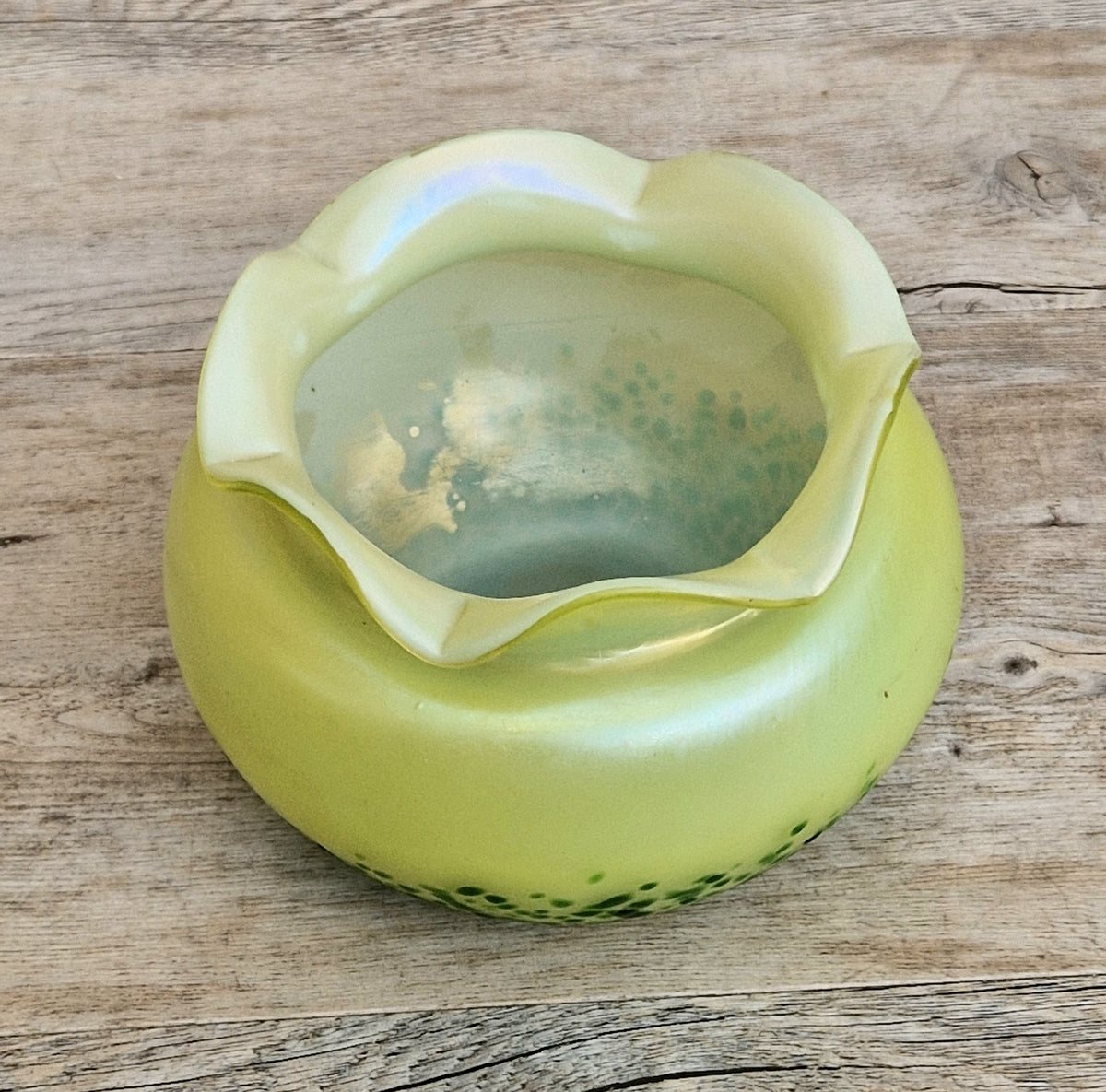 Antique Late 19th Century Bohemian Art Glass Vase, Loetz-Heckert Tradition, Iridescent Yellow Green, Rare Cabinet Vase