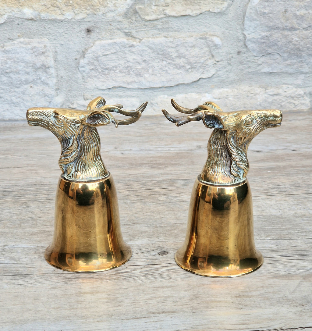 Pair Vintage Brass Stag Stirrup Cups Silver Plated Interiors Naturally Patinated Hunting Barware 1970s
