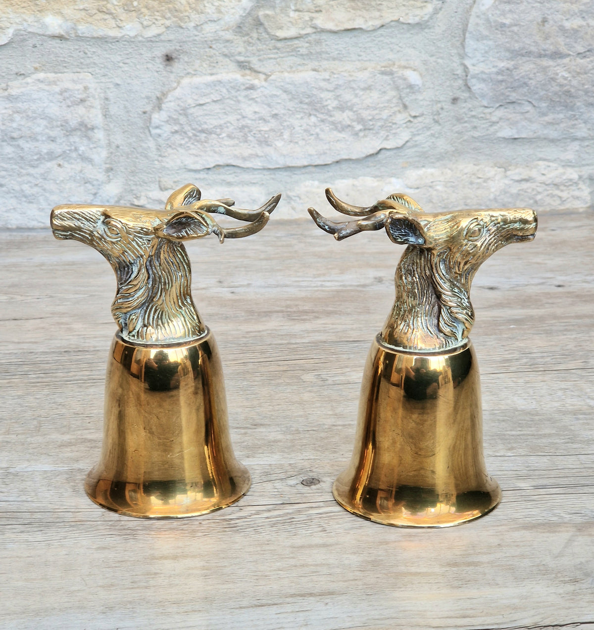 Pair Vintage Brass Stag Stirrup Cups Silver Plated Interiors Naturally Patinated Hunting Barware 1970s