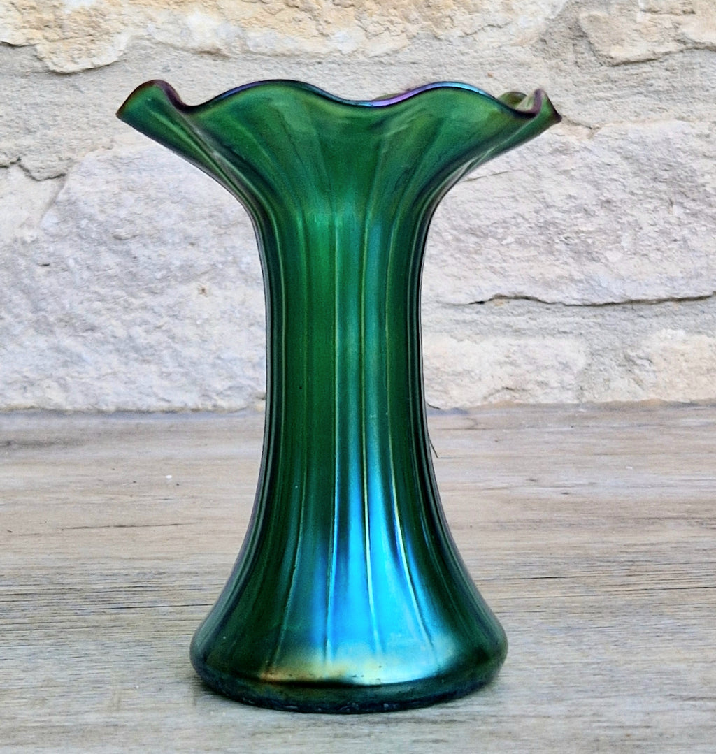 Antique Loetz Art Nouveau Creta Glatt Iridescent Green Glass Fluted Vase Polished Pontil c1900