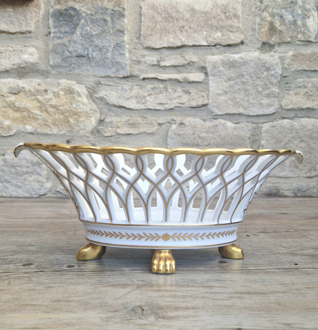 Large Vista Alegre Reticulated White & Gold Ceramic Basket Fruit Bowl Old Paris Style