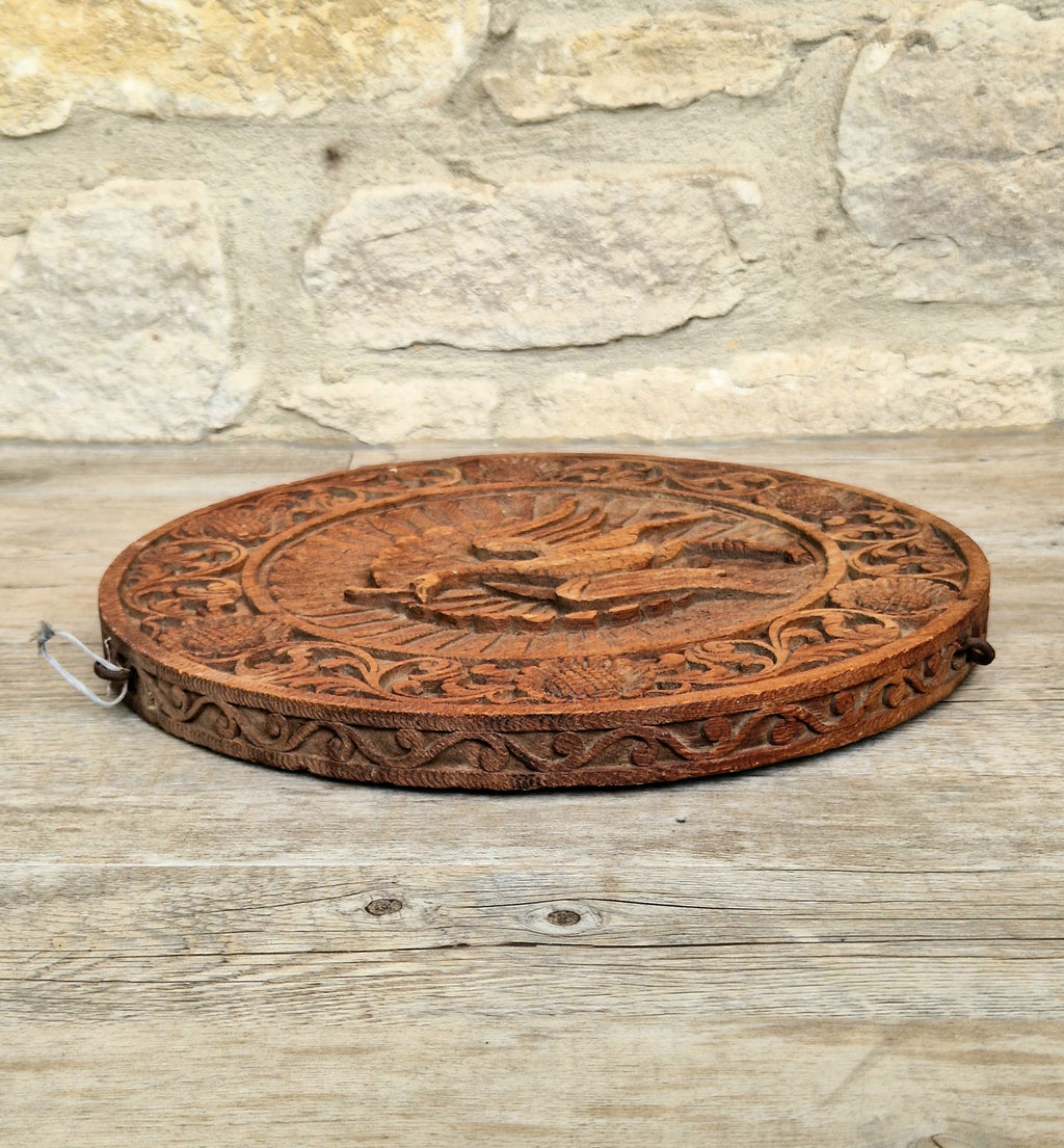19th c. Colonial Anglo-Indian Hand-Carved Teak Wood Dancing Peacock Disc Panel 30cm