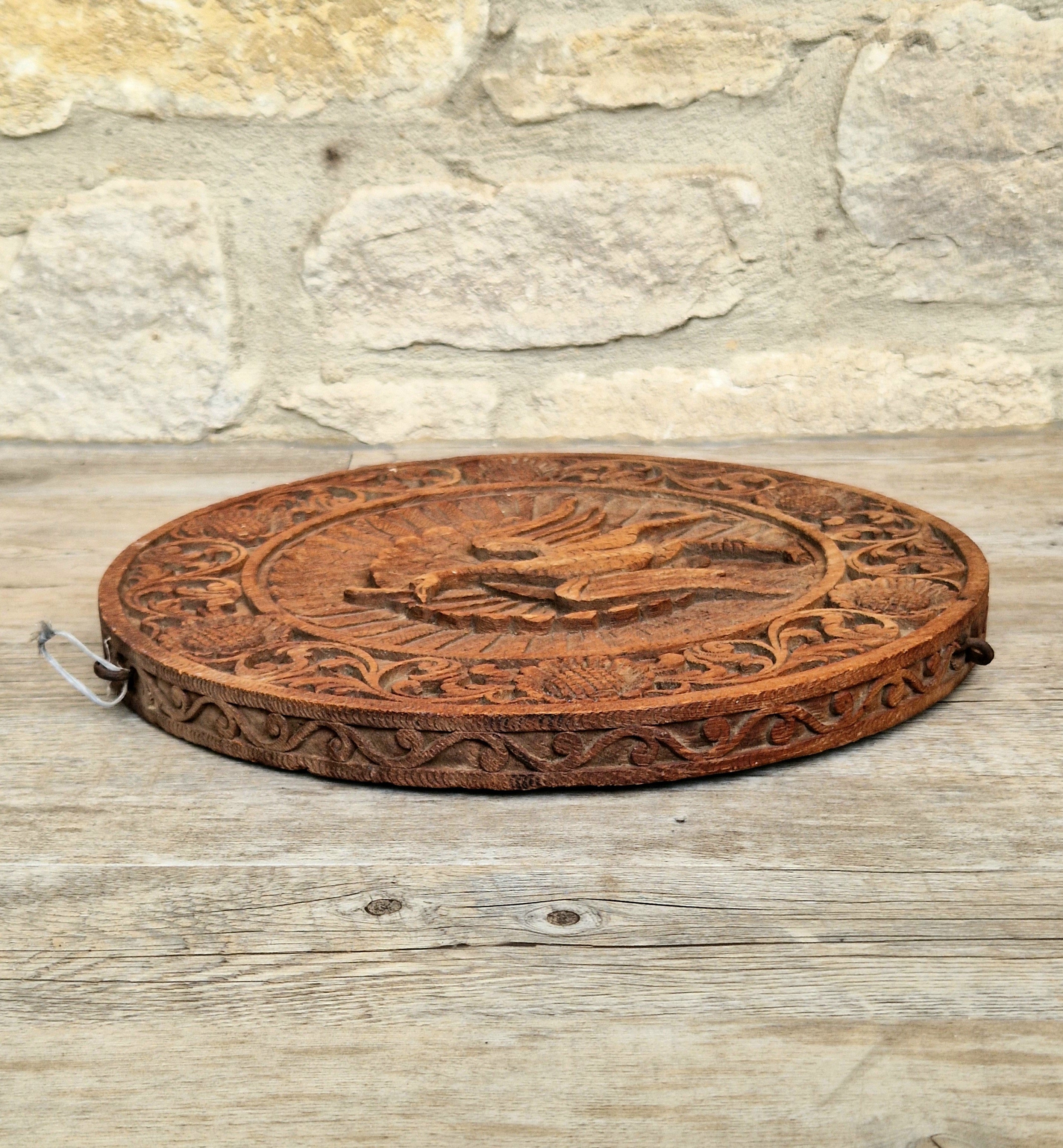 19th c. Colonial Anglo-Indian Hand-Carved Teak Wood Dancing Peacock Disc Panel 30cm