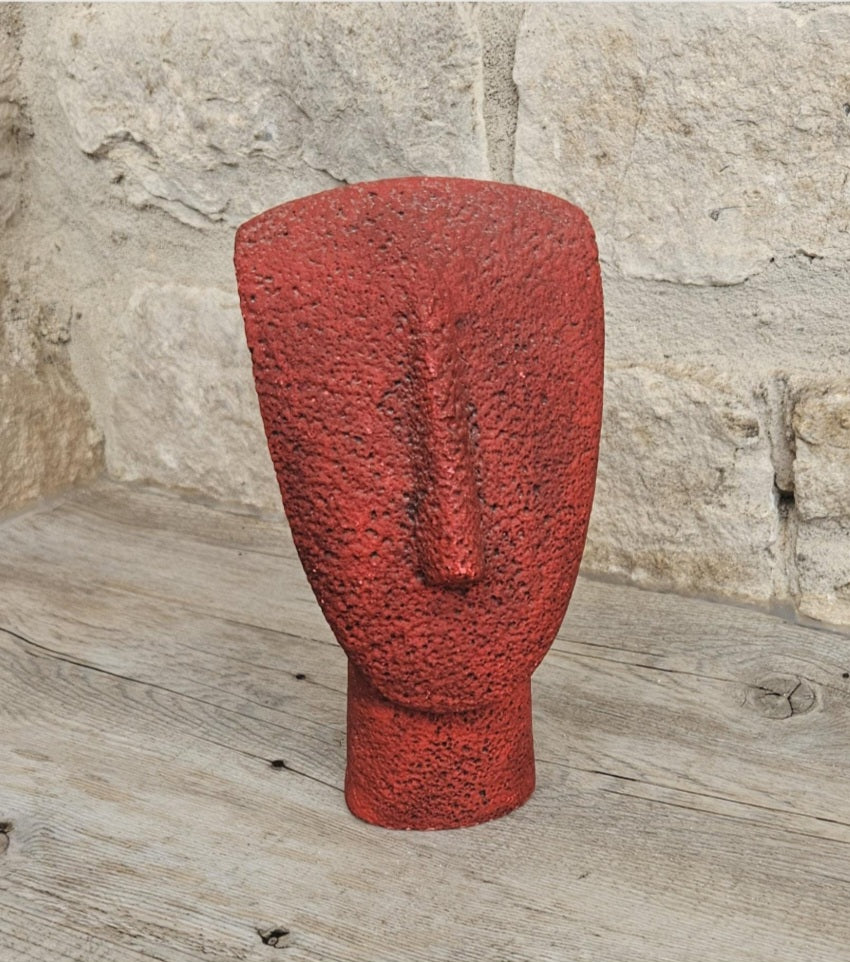 Vintage Red Cycladic Head Sculpture Minimalist Pop Art Textured Resin 18.5cm Tall