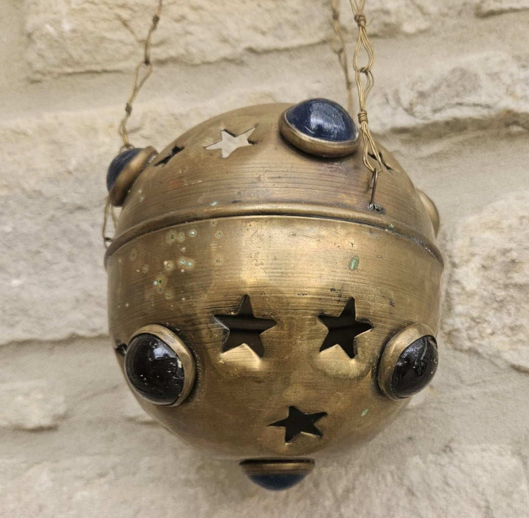 Vintage Pierced Brass Hanging Lantern with cabouchon verdigris Bohemian Moroccan