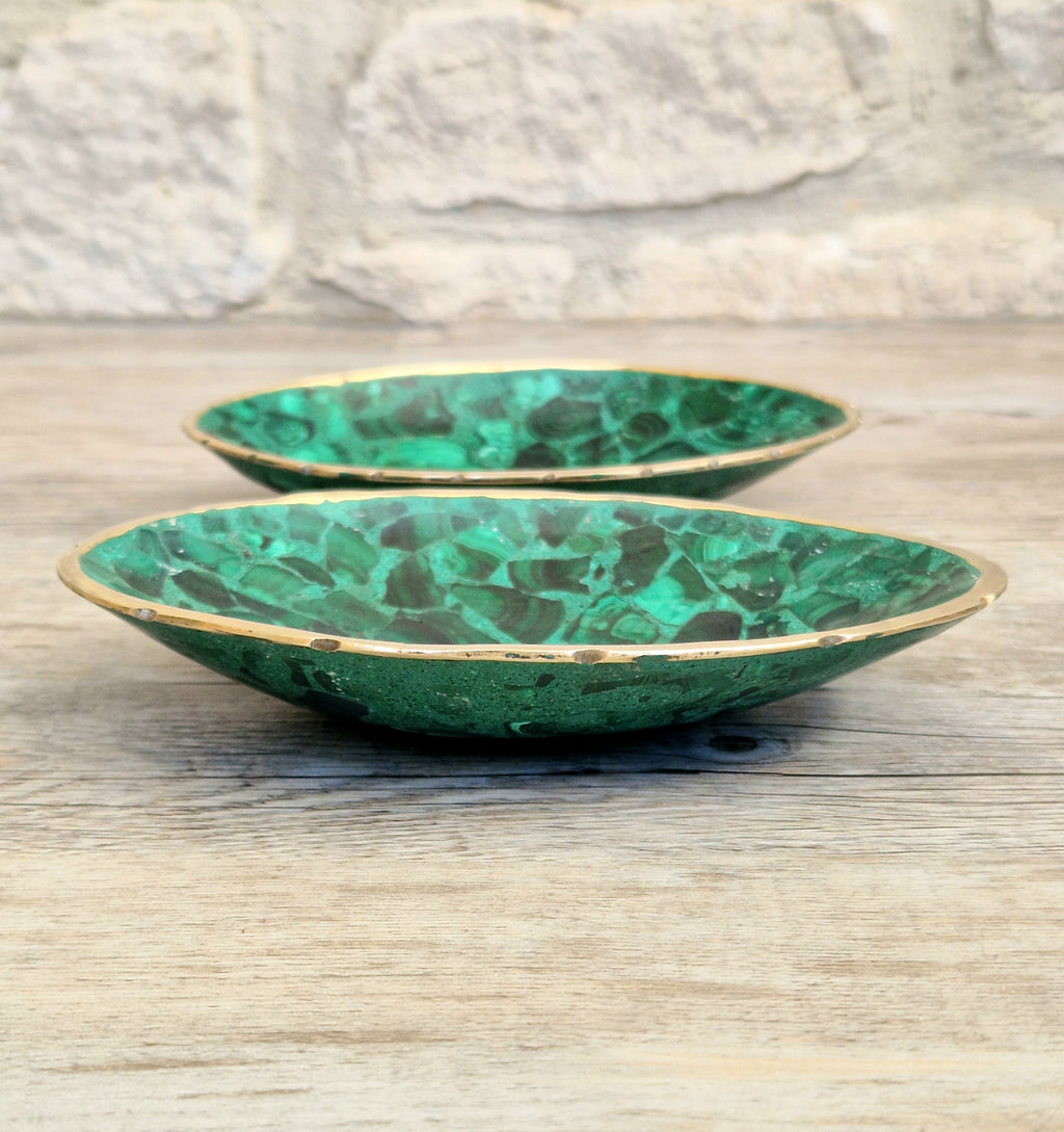Pair of Stunning Fine Midcentury Malachite & Brass Oval Vide Poche Catch-All Decorative Bowls