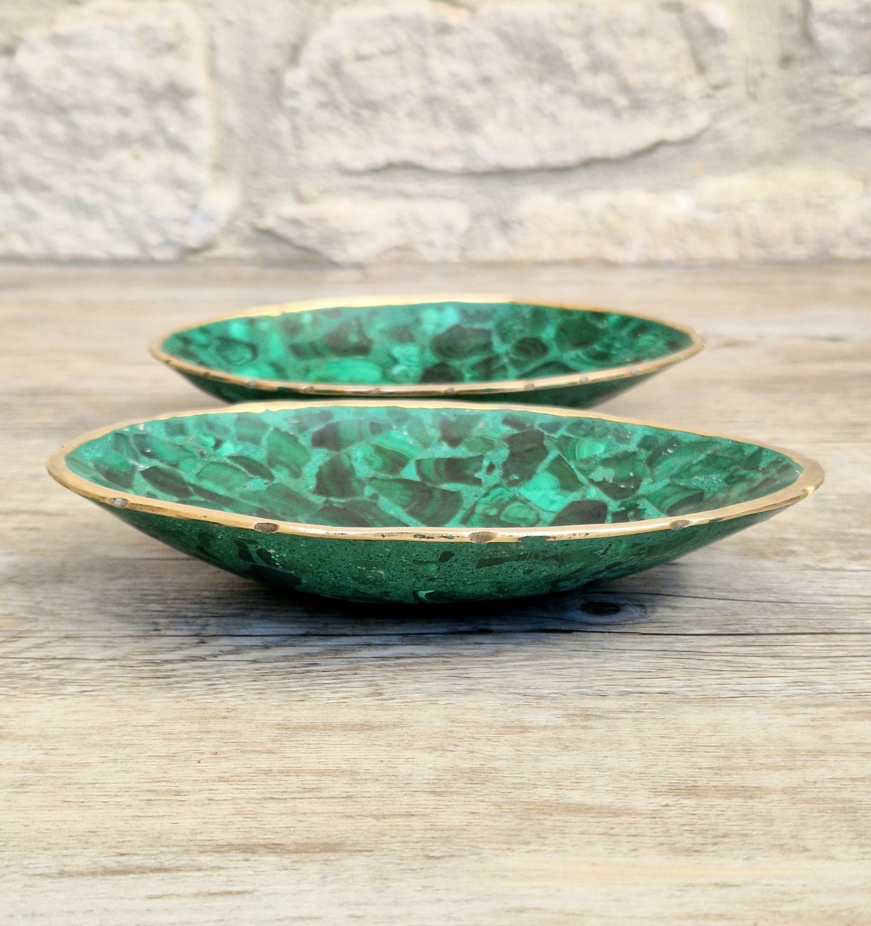 Pair of Stunning Fine Midcentury Malachite & Brass Oval Vide Poche Catch-All Decorative Bowls