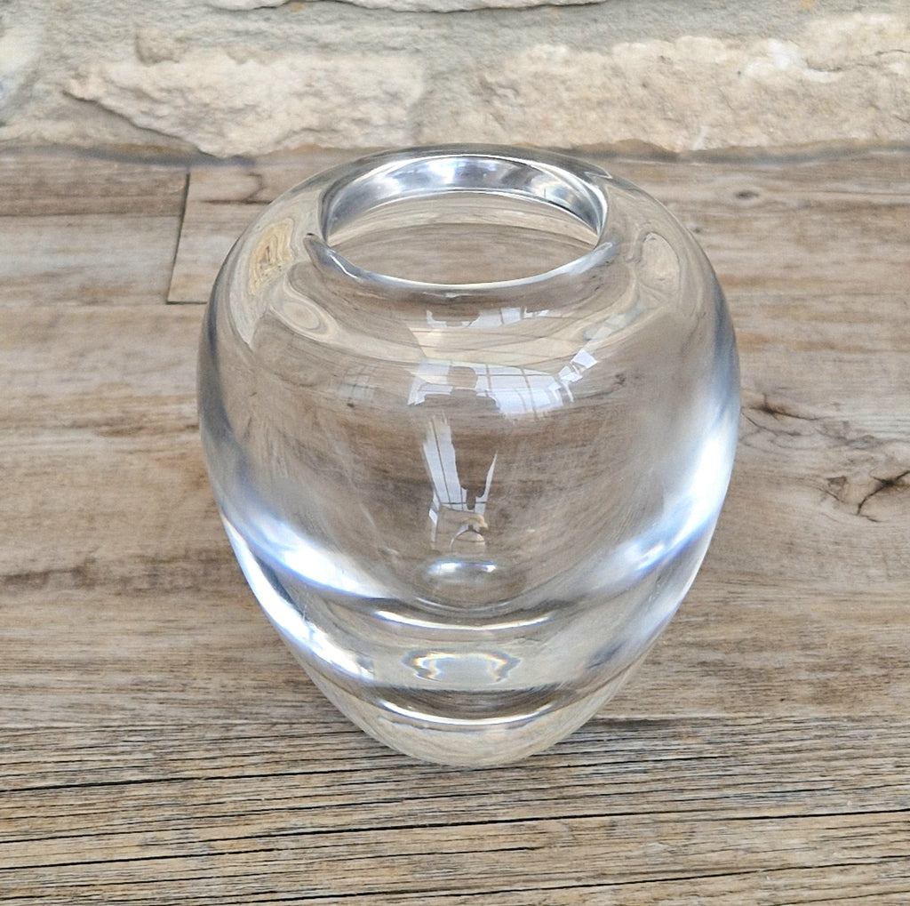 Heavy Mid-Century Clear Hand-Blown Art Glass Ovoid Vase With Polished Frosted Ring Base