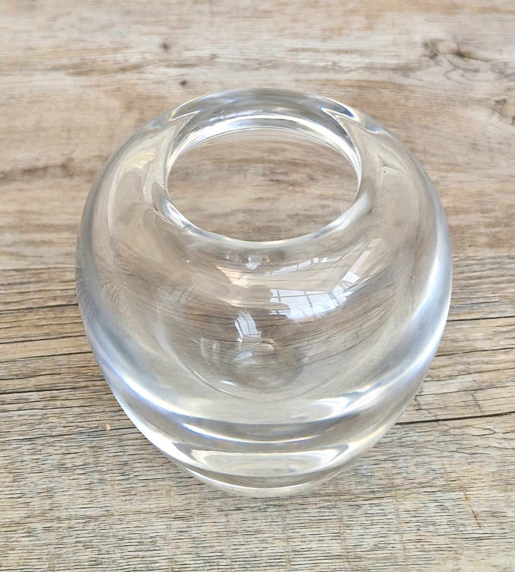 Heavy Mid-Century Clear Hand-Blown Art Glass Ovoid Vase With Polished Frosted Ring Base