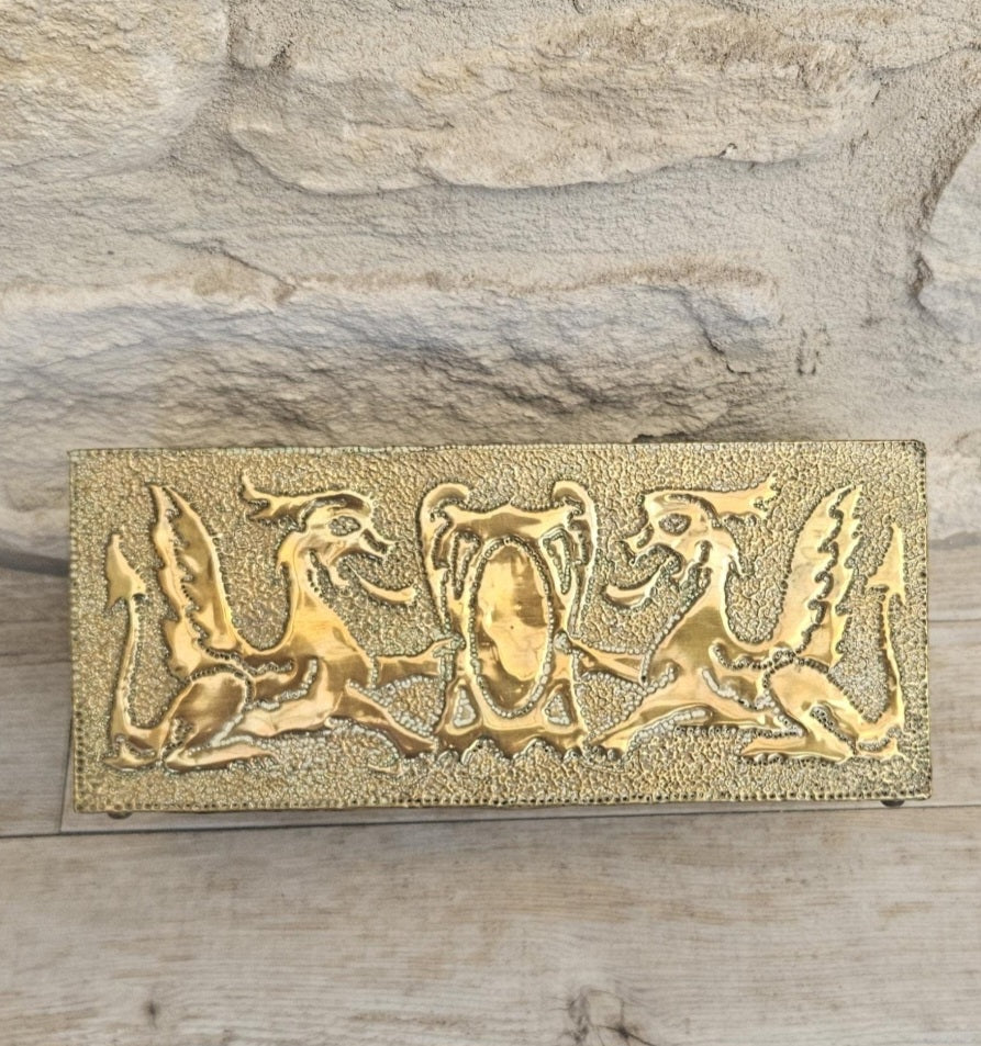 Arts and Crafts Letter Holder Brass and Wood Celtic Dragons England