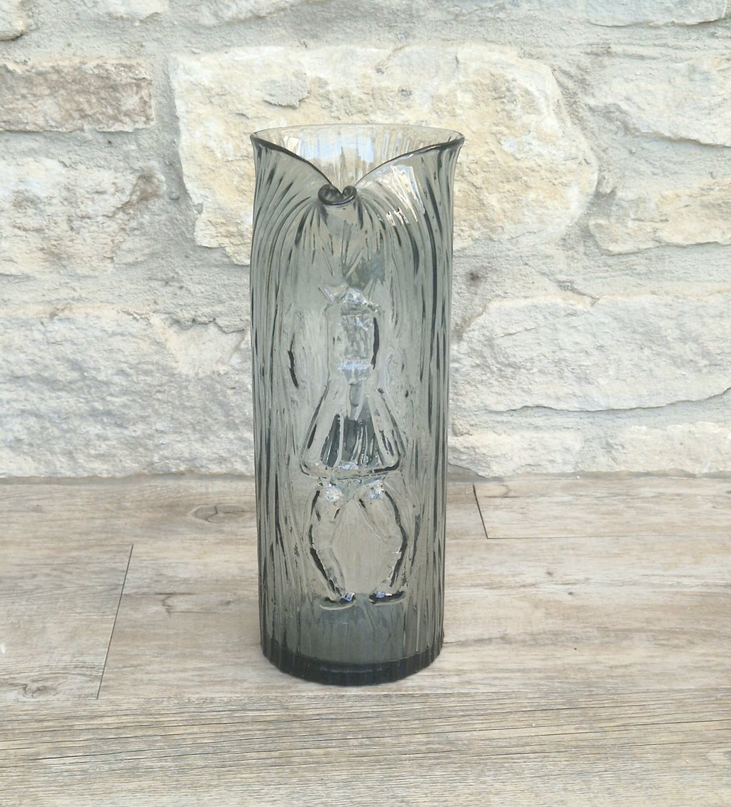 Björkshult Glassworks Sweden Hand Blown Mid Century Textured Smoke Glass 'Viking Pitcher Large