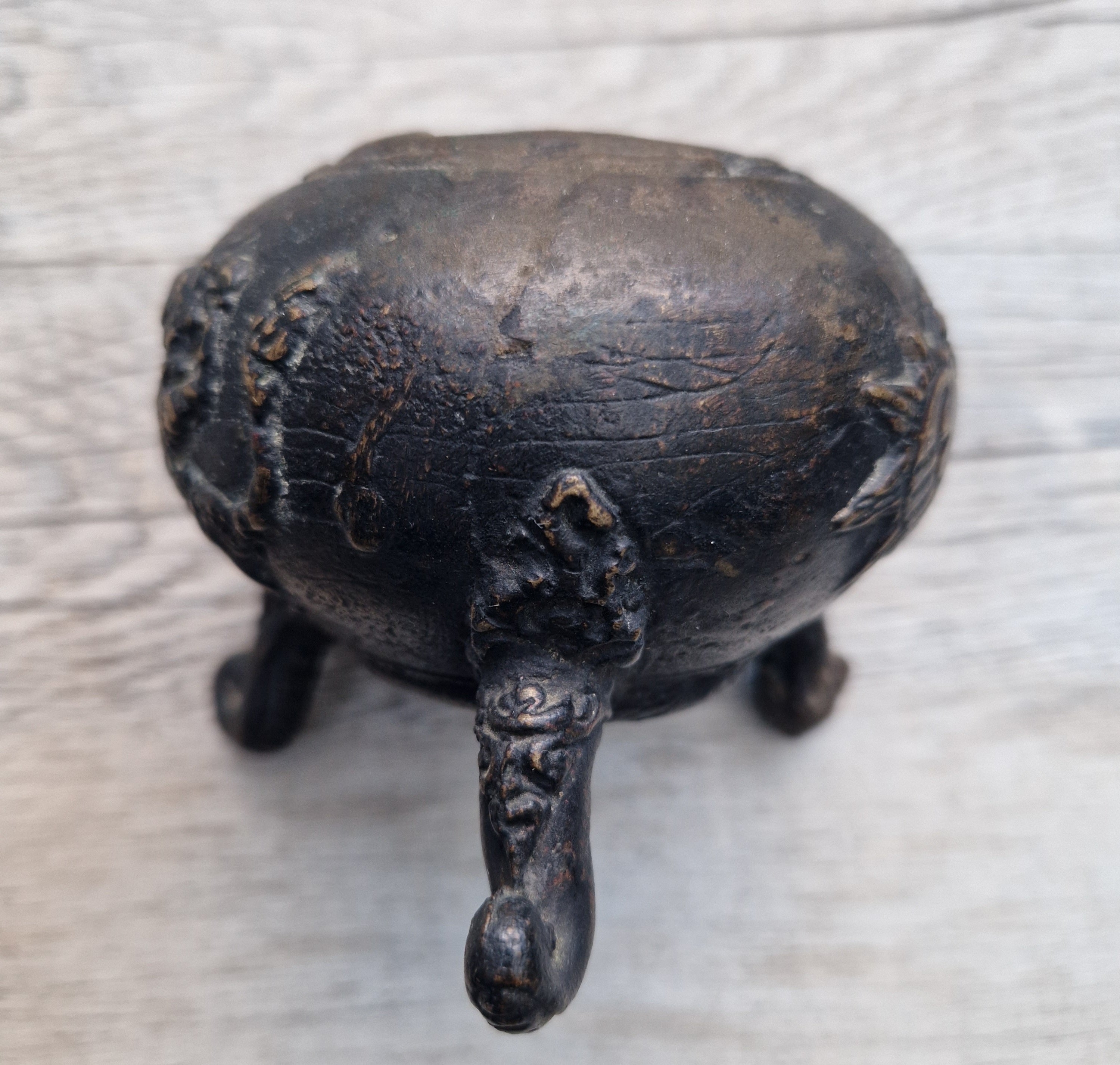 Ancient Chinese Bronze Tri-Foot Lidded Censer Mythic Creatures Reliefs