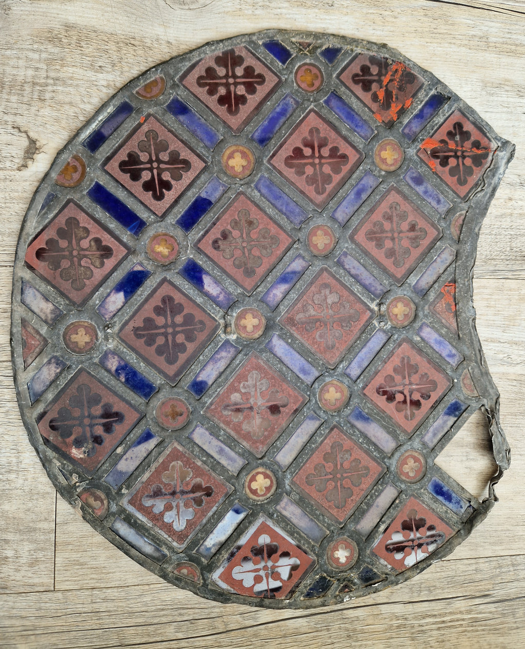 Rare Antique Early 19th Century French Gothic Revival Stained Glass Roundel Panel - Medieval Style Diaper Pattern