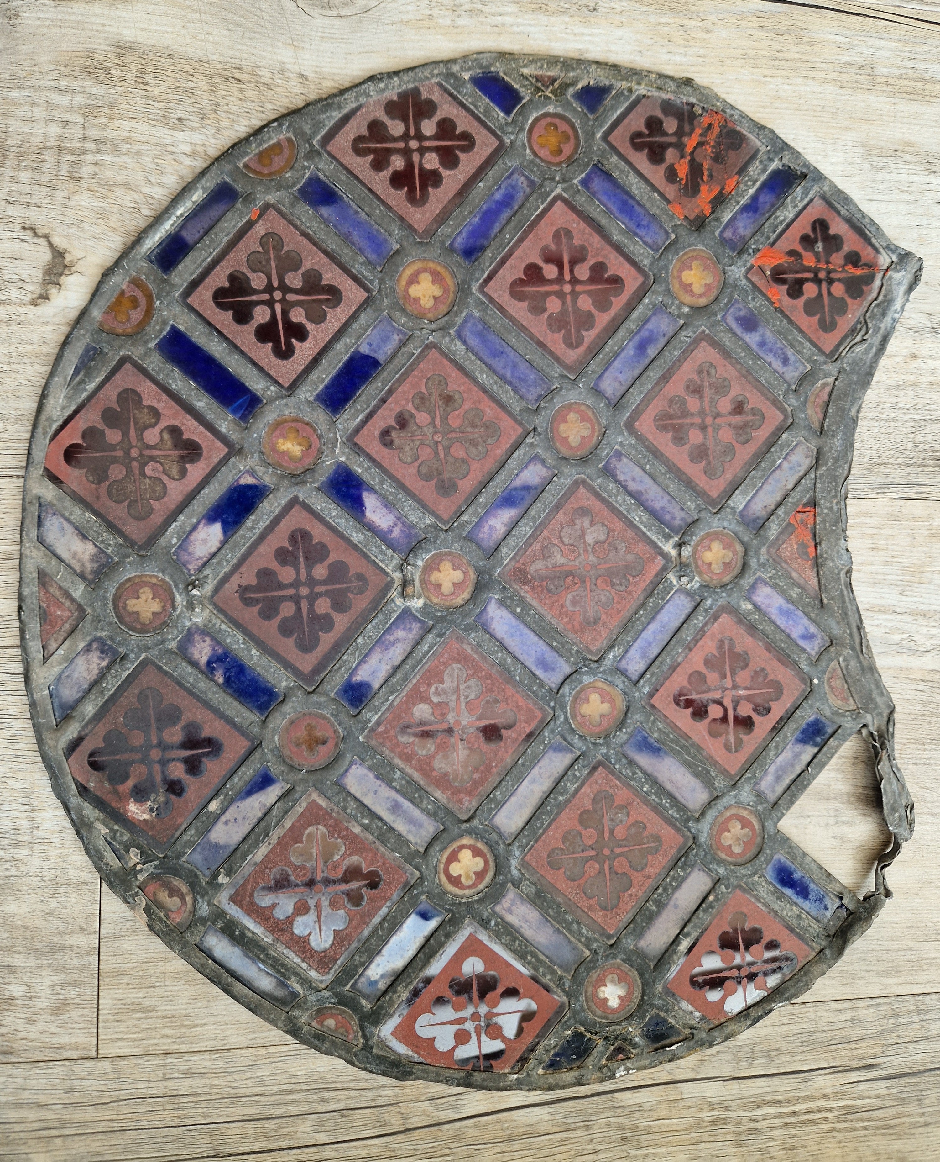 Rare Antique Early 19th Century French Gothic Revival Stained Glass Roundel Panel - Medieval Style Diaper Pattern