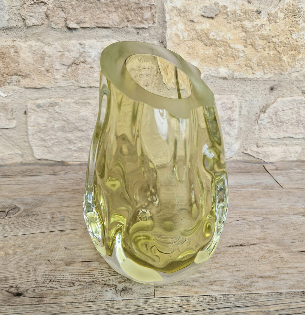 Murano Burri Glass Asymetrical Vase Light Olive Green Heavy Textured Vintage