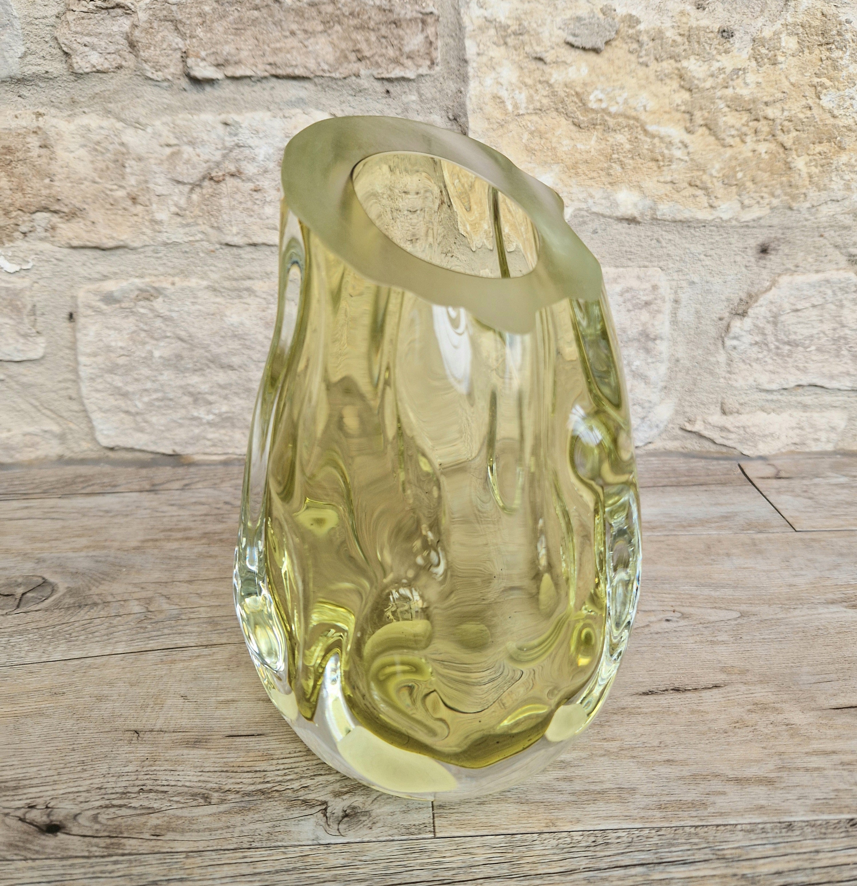 Murano Burri Glass Asymetrical Vase Light Olive Green Heavy Textured Vintage