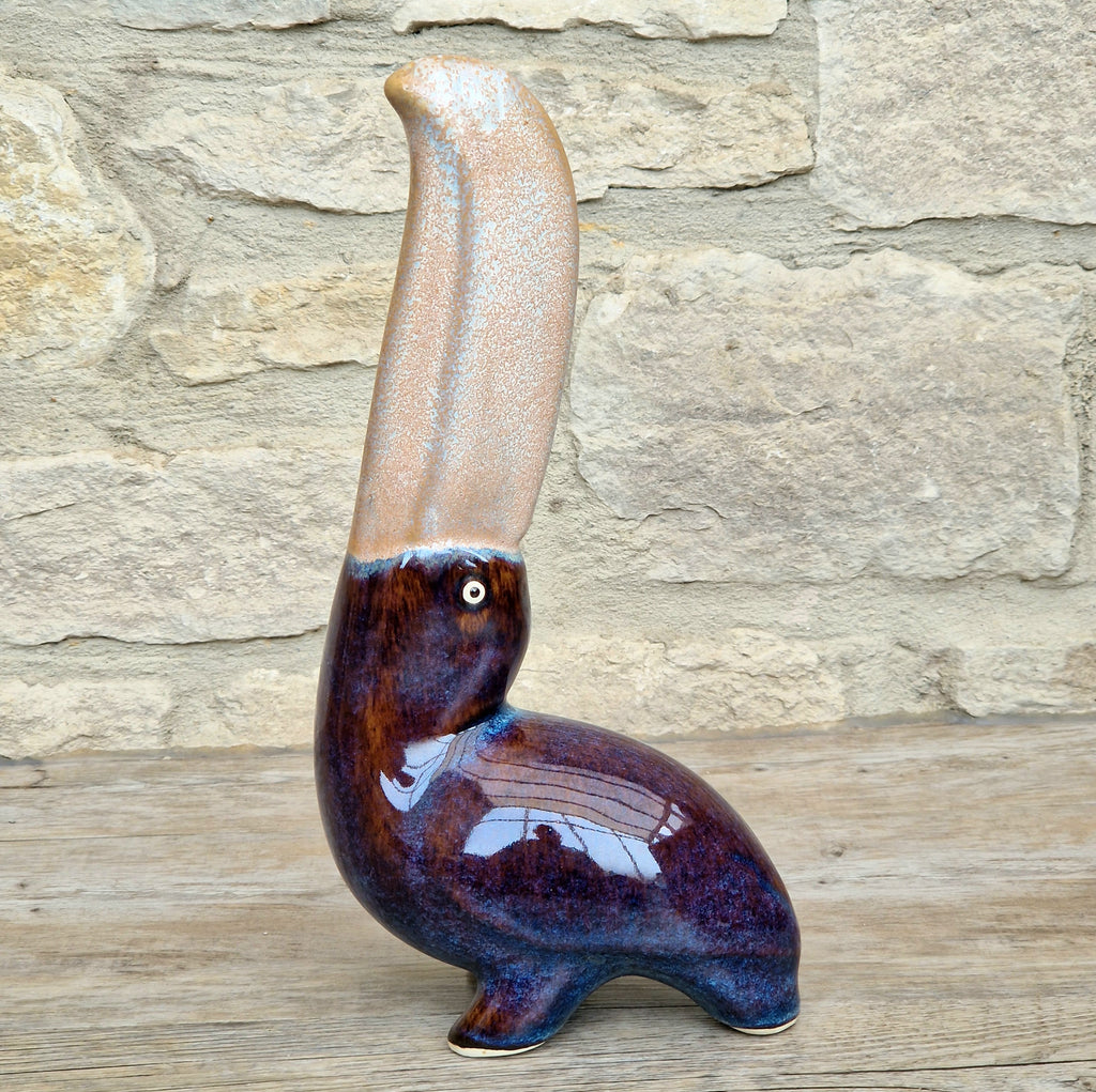 Rare 27cm Vintage Mid Century Ceramic Toucan Sculpture Mottled Treacle Blue Purple Art Pottery Bird