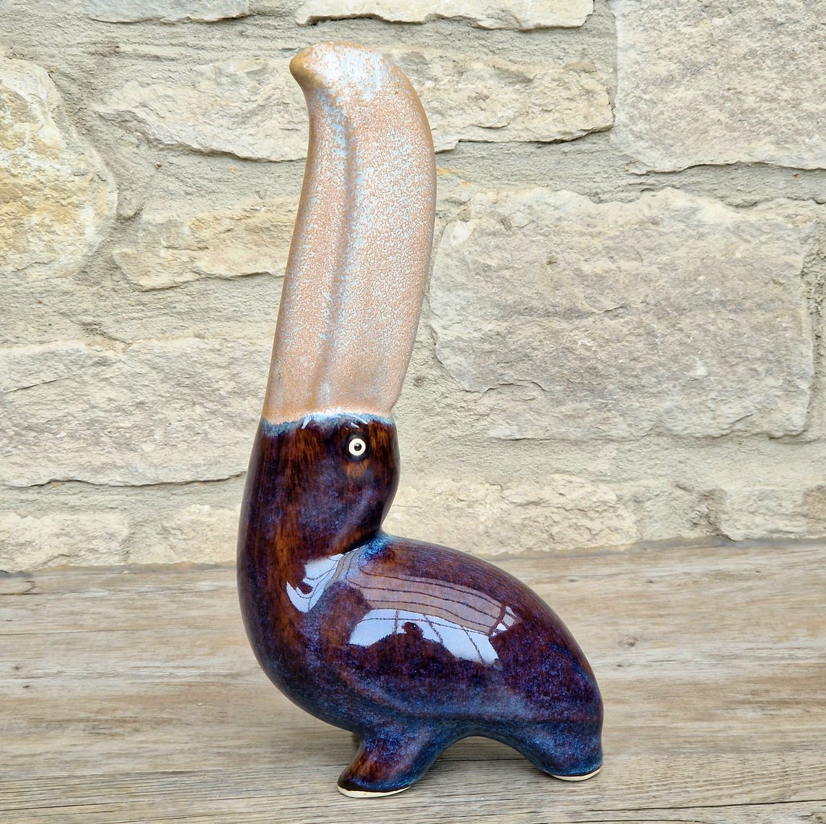 Rare 27cm Vintage Mid Century Ceramic Toucan Sculpture Mottled Treacle Blue Purple Art Pottery Bird