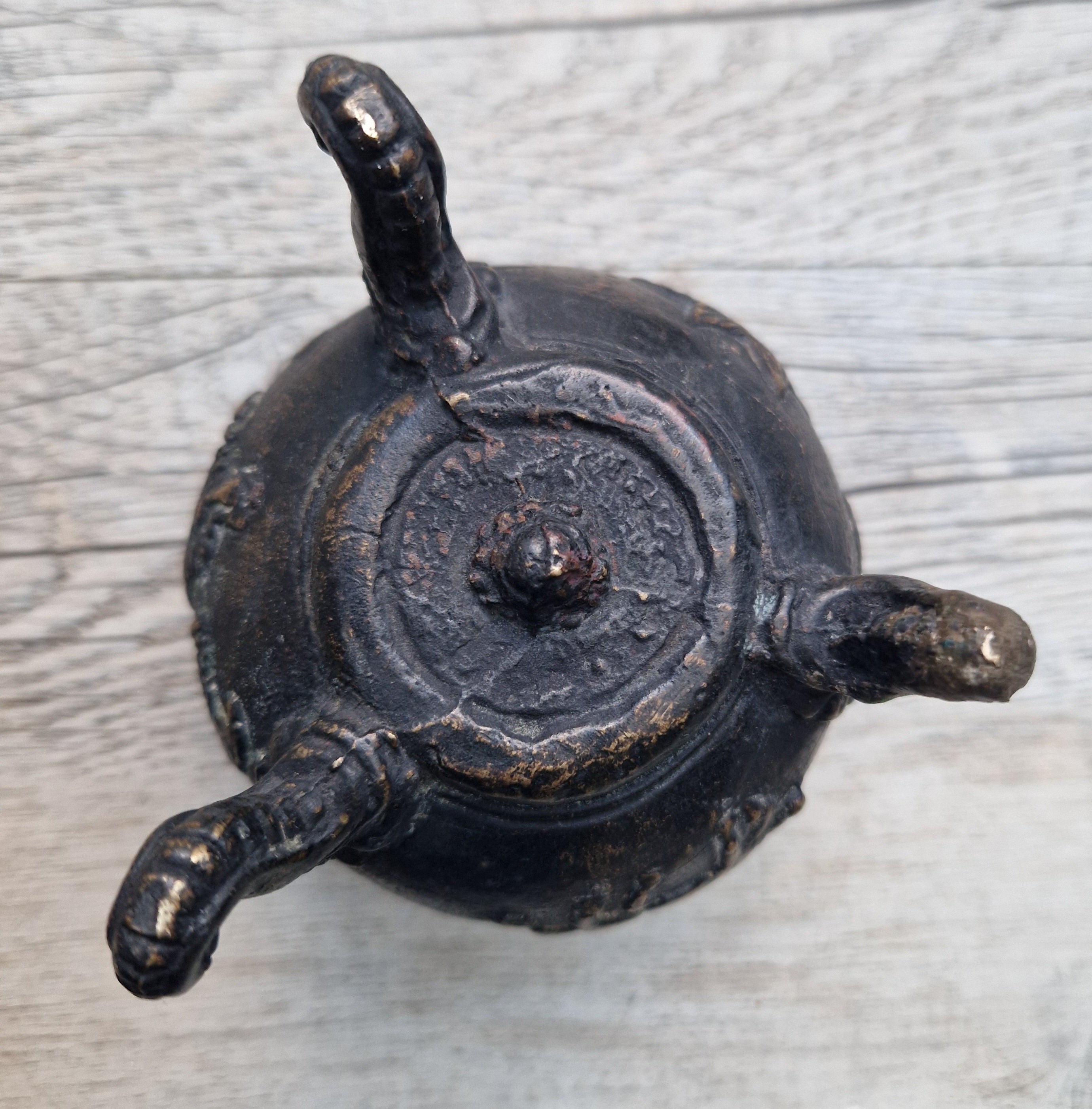 Ancient Chinese Bronze Tri-Foot Lidded Censer Mythic Creatures Reliefs