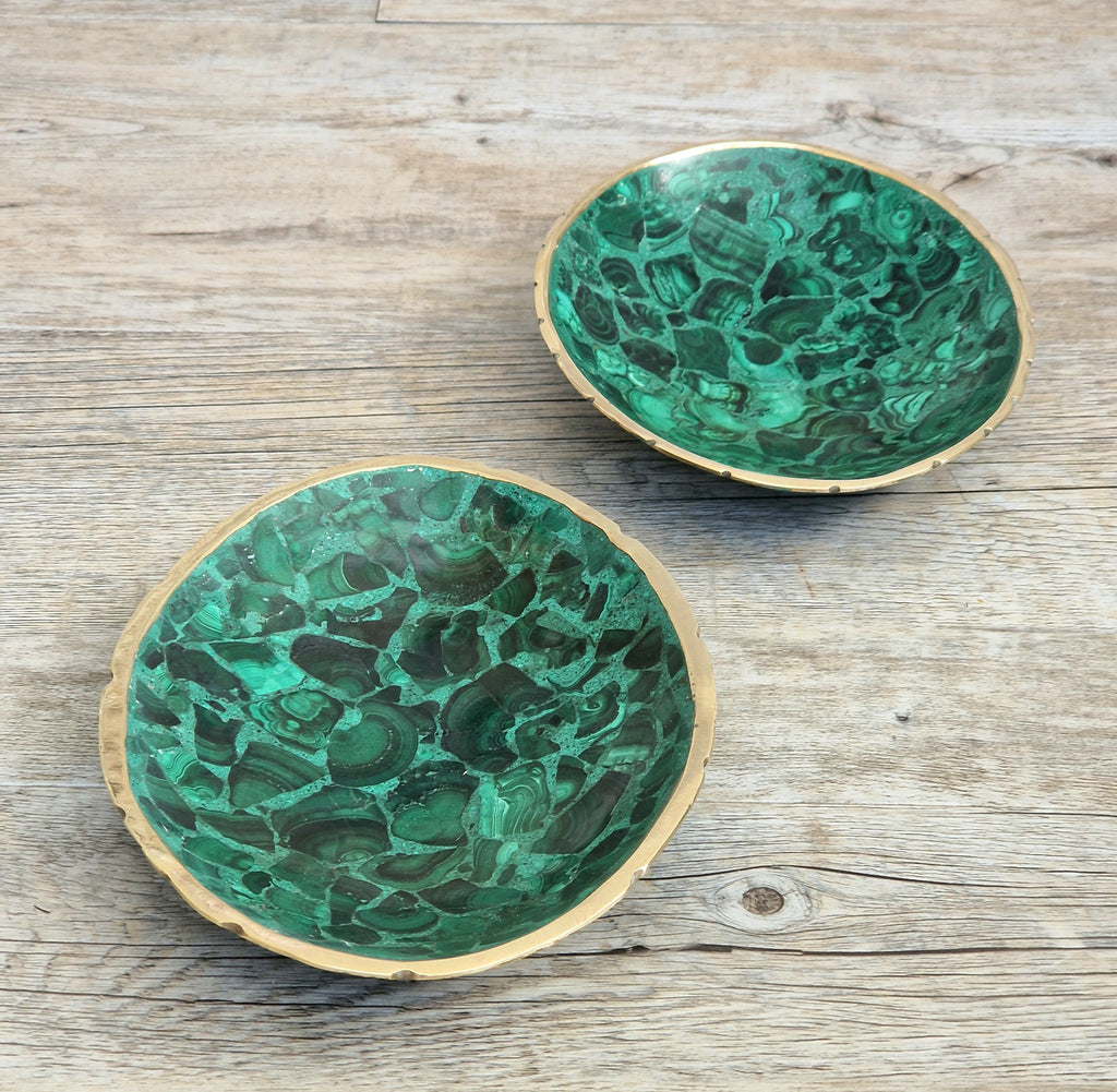 Pair of Stunning Fine Midcentury Malachite & Brass Oval Vide Poche Catch-All Decorative Bowls