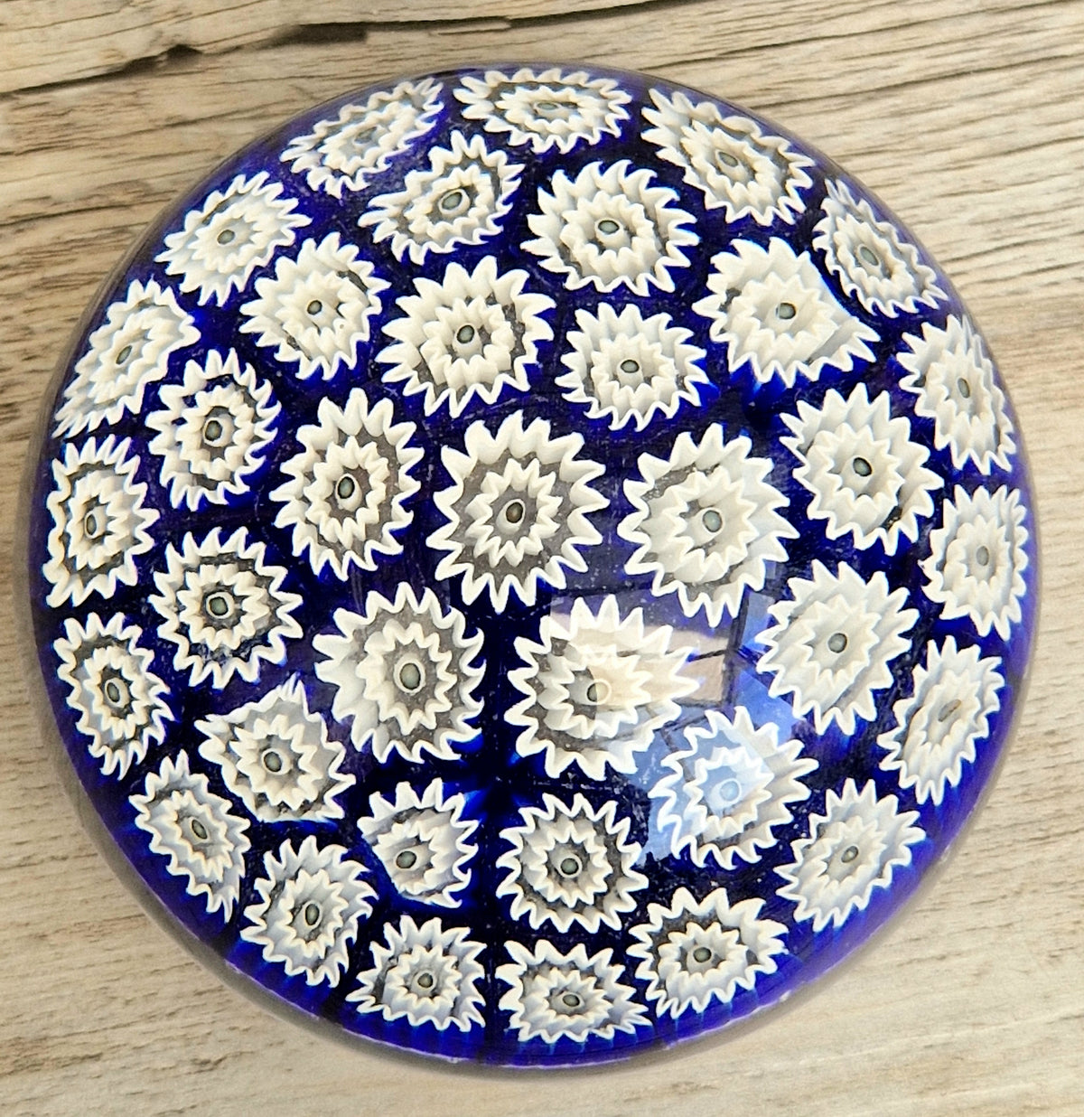 ALT Studio Murano Glass Deep Blue & White Star Flower Millifiore Paperweight
